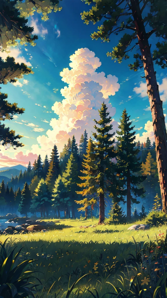 BREAK (masterpiece, best quality:1.2), outdoors, nature, forest, pines, grass, tall grass, detailed grass, plants, day, clouds,