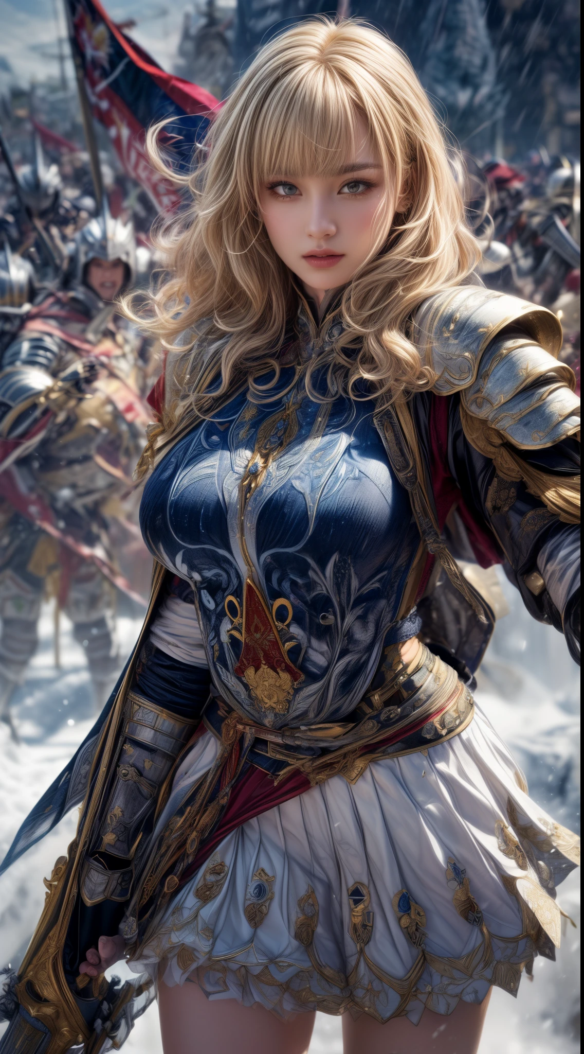 Very beautiful woman、Slender women、(Detailed face)、Realistic Skin、((holy knight)), ((Pearl White Armor))、((((Black armor with very fine and intricate decoration:1.1))))、((Delicate photo)),(Girl Astepeace RAW Photo Details:1.25), (highest quality:1.6), (超A high resolution:1.5), (Realistic:1.75), 8K resolution, Canon EOS R5, 50mm, Absurd, Ultra-detailed,Cinema Lighting,((battlefield))、((battle))、(((White skirt with embellishments)))、Thigh-high socks、Shin Guards、((Blonde))、((Curly Hair))、((Drill Hair))、((Wavy short hair with bangs,))、Get six-pack、Cape、Beautiful Armor、(((Has a huge weapon)))、(In combat)、The wind is blowing、((Symmetrical Armor))、((((Blizzard))))、(((Leading a large group of knights:1.2)))、Banner、Armor with a snow and ice motif、(((Battle Scene)))