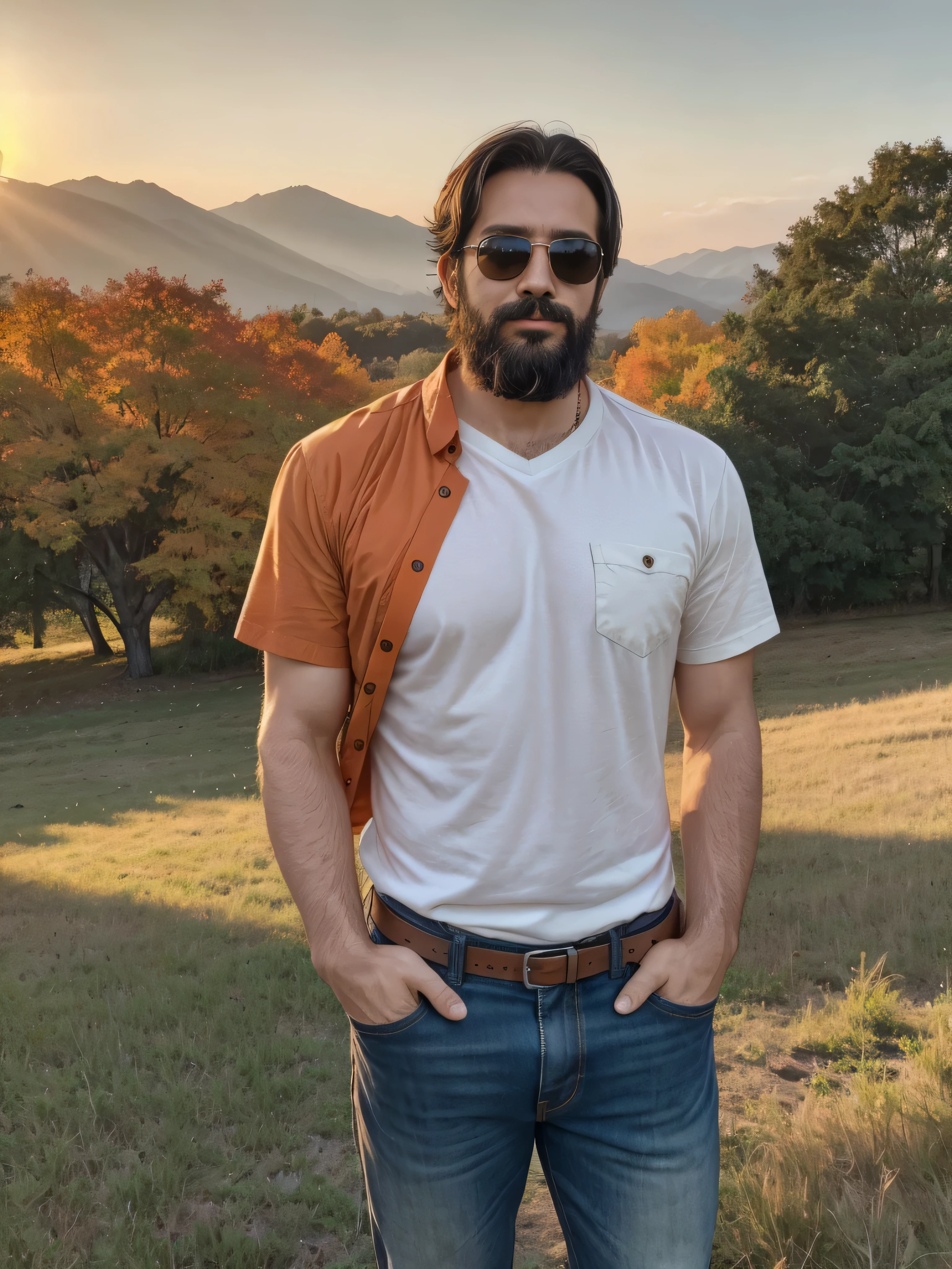 In a serene autumn evening, a 38-year-old man stands in a vast meadow, surrounded by nature in full splendor. He has a well-groomed beard and wears dark sunglasses to shield his eyes from the setting sun's glare. His orange and brown checkered shirt is slightly unbuttoned at the collar, revealing a white T-shirt underneath. The wind gently tousles his dark hair, giving him a carefree and relaxed look. The landscape around him is full of life and color. Autumn leaves in golden, red, and orange tones cover the ground, while tall trees with changing leaves border the field. In the distance, majestic mountains rise under a sky painted with warm sunset colors, with a few fluffy clouds lazily floating by. The man is captured in a medium shot, clearly showing the upper part of his body. His hands rest in the pockets of his jeans, and his expression reflects deep peace and satisfaction. The golden light of the setting sun casts soft shadows and highlights the vibrant colors of the leaves and his outfit, capturing a perfect moment of harmonious connection with nature.