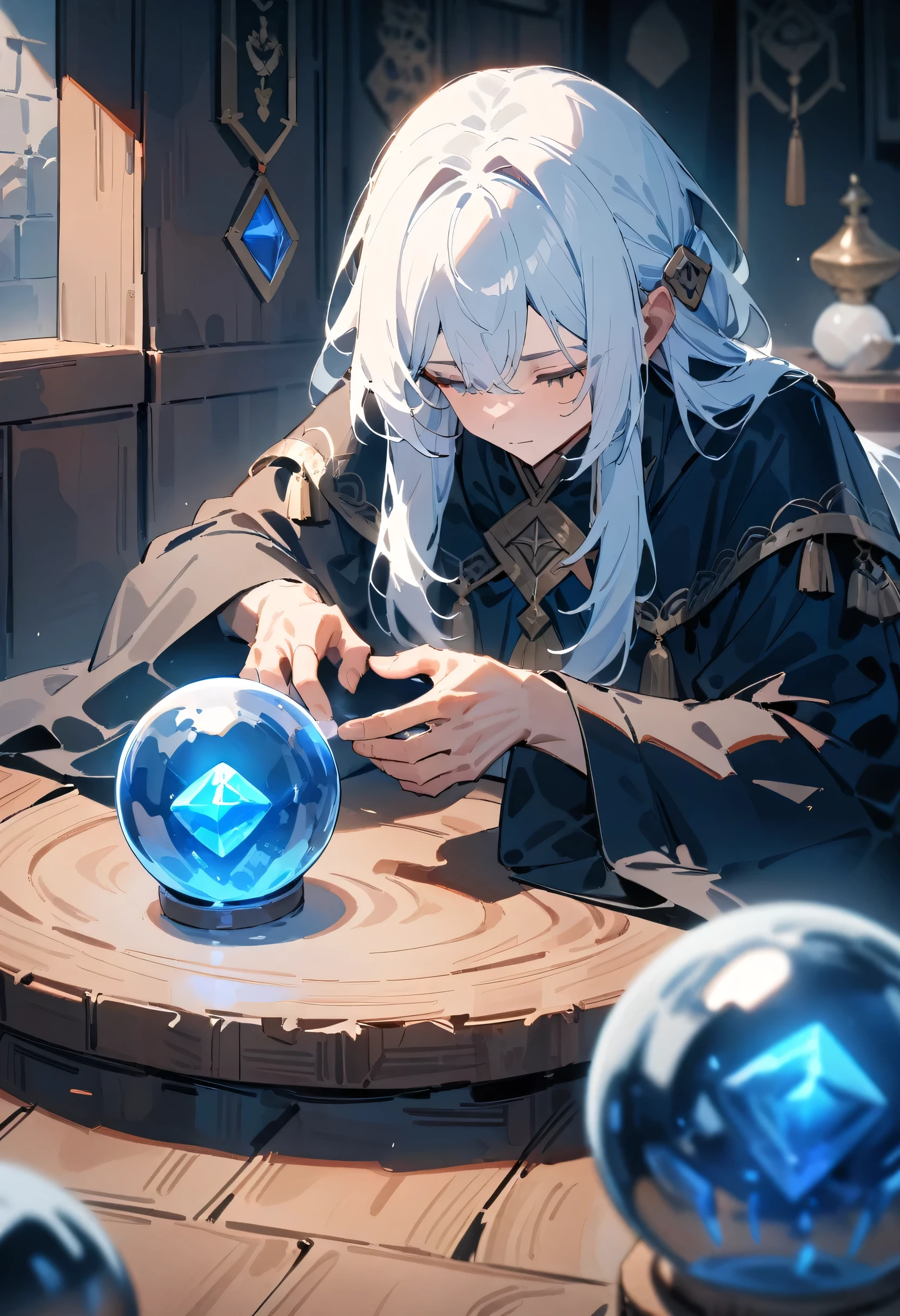 masterpiece, best quality, very aesthetic, absurdres, newest, 1boy, solo, a fortune teller, long hair, long sleeves, white hair, indoors, mysterious house, wide sleeves, hands hover over an antique crystal ball, crystals glowing with mystical energy, looking down, arcane symbols etched into wooden table, pauldrons, robe, wooden floor,