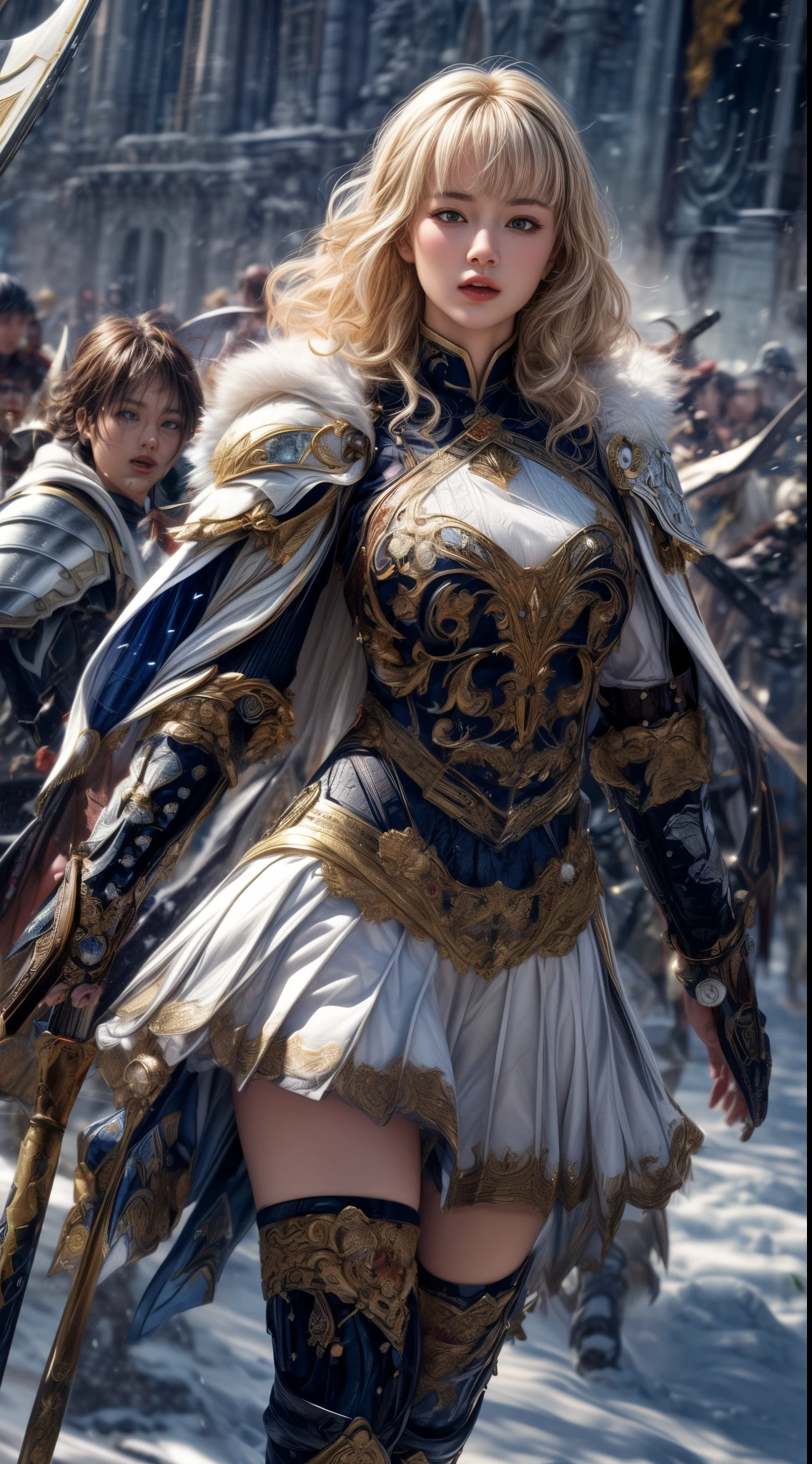 Very beautiful woman、Slender women、(Detailed face)、Realistic Skin、((holy knight)), ((Pearl White Armor))、((((Black armor with very fine and intricate decoration:1.1))))、((Delicate photo))，(Girl Astepeace RAW Photo Details:1.25), (highest quality:1.6), (超A high resolution:1.5), (Realistic:1.75), 8K resolution, Canon EOS R5, 50mm, Absurd, Ultra-detailed,Cinema Lighting,((battlefield))、((battle))、(((White skirt with embellishments)))、Thigh-high socks、Shin Guards、((Blonde))、((Curly Hair))、((Drill Hair))、((Wavy short hair with bangs,))、Get six-pack、Cape、Beautiful Armor、(((Has a huge weapon)))、(In combat)、The wind is blowing、((Symmetrical Armor))、((((Blizzard))))、(((Leading a large group of knights:1.2)))、Banner、Armor with a snow and ice motif、(((Battle Scene)))