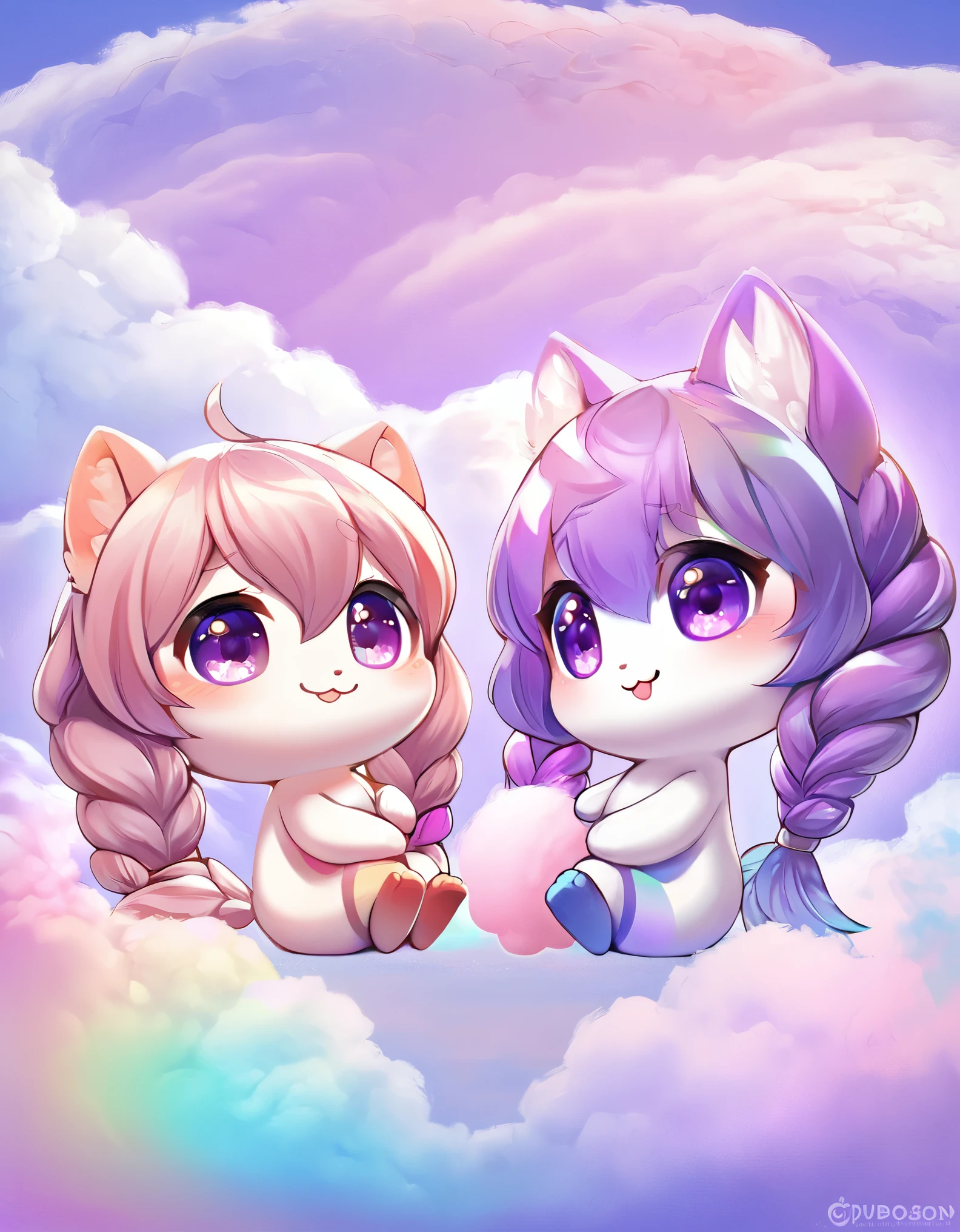 chibi, best quality, super fine, 16k, incredibly absurdres, extremely detailed, delicate and dynamic, two friendly beauties, happy, smiling, shy, purple eyes and braided low twin tails with gradient from white to purple at the ends, cute pose, close contact, sitting on a fluffy cotton candy-like cloud, analyzed iridescent pastel color background, vivid color impact, various image beauty effects, (magnificent view:1.3)