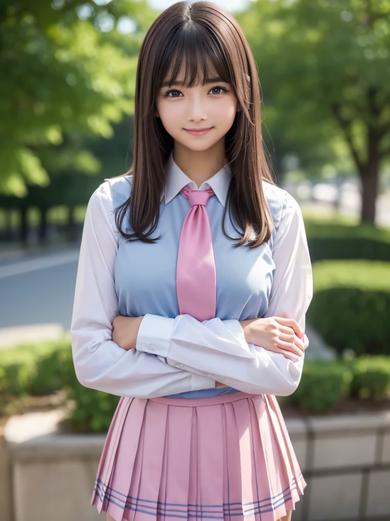 8K, highest quality, The real picture, Intricate details, Very detailed, Ultra-high resolution, Depth Field,(Realistic,Realistic:1.2),Tabletop , (Full Body Shot) , From the middle , 1 girl, eye_Chan, Very beautiful 17 year old girl, innocent big eyes,、Beautiful breasts:1.5、非常に詳細なeye:1.2)、(Beautiful breasts:1.1)、((Brown Hair))、(Semi-long hair), Asymmetrical bangs, Perfect Skin, Fair skin, Small breasts, Tight waist, alone, Staring at the audience, (smile)、((School_uniform), (White shirt、Wear a tie), (Blue and pink checkered pleated micro mini skirt), ((Fold your arms in front of your chest and act arrogantly)), ((楽しそうなsmile)), ((Perfect hand shape))
