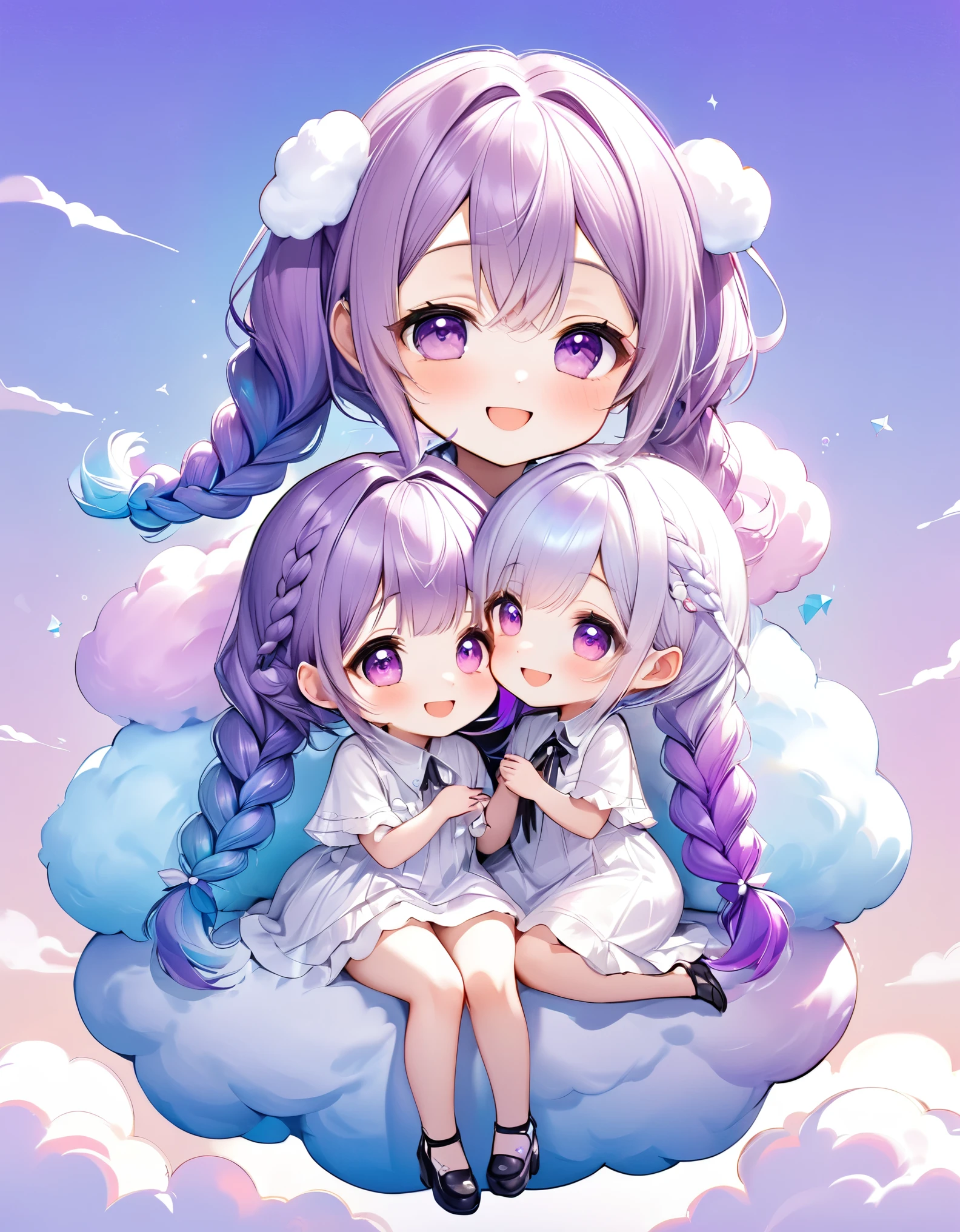 chibi, best quality, super fine, 16k, incredibly absurdres, extremely detailed, delicate and dynamic, two friendly beauties, happy, smiling, shy, purple eyes and braided low twin tails with gradient from white to purple at the ends, cute pose, close contact, sitting on a fluffy cotton candy-like cloud, analyzed iridescent pastel color background, vivid color impact, various image beauty effects, (magnificent view:1.3)