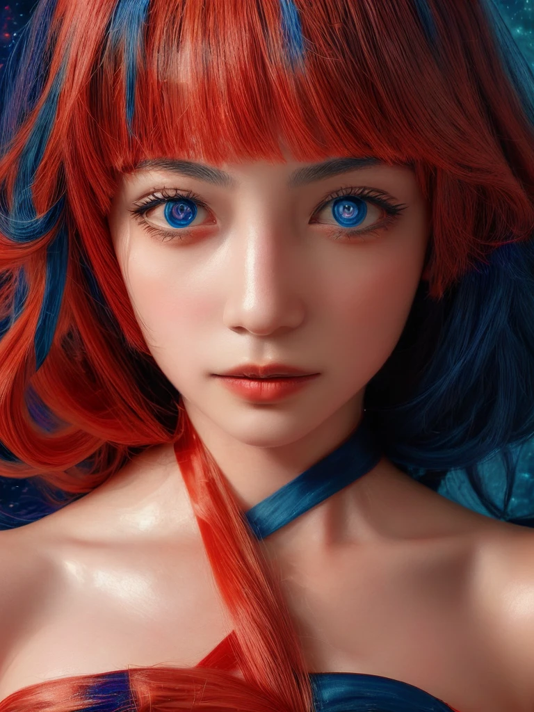 Complex writing、(Masterpiece:1.6)、((((Close-up of a person with red and blue background:1.6), portrait of a cosmic entity, strange portrait with galaxy, in the astral plane ))), (Detailed eyes, Eyes Like Gems, Sparkling eyes:1.3)、astral appearance, galactic dmt entity, nebula aura surrounding subject, glowing black aura, cosmic entity, galactic entity, galactic deity, cosmic horror entity, high quality astral、projection rendering, portrait of a cosmic god, astral ethereal
