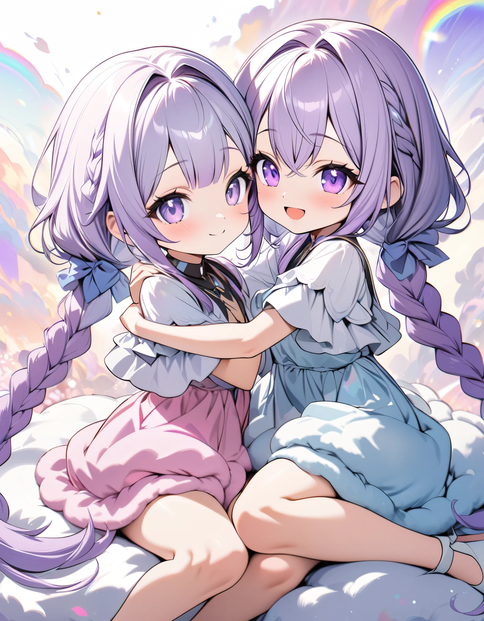 chibi, best quality, super fine, 16k, incredibly absurdres, extremely detailed, delicate and dynamic, two friendly beauties, happy, smiling, shy, purple eyes and braided low twin tails with gradient from white to purple at the ends, cute pose, close contact, sitting on a fluffy cotton candy-like cloud, analyzed iridescent pastel color background, vivid color impact, various image beauty effects, (magnificent view:1.3)