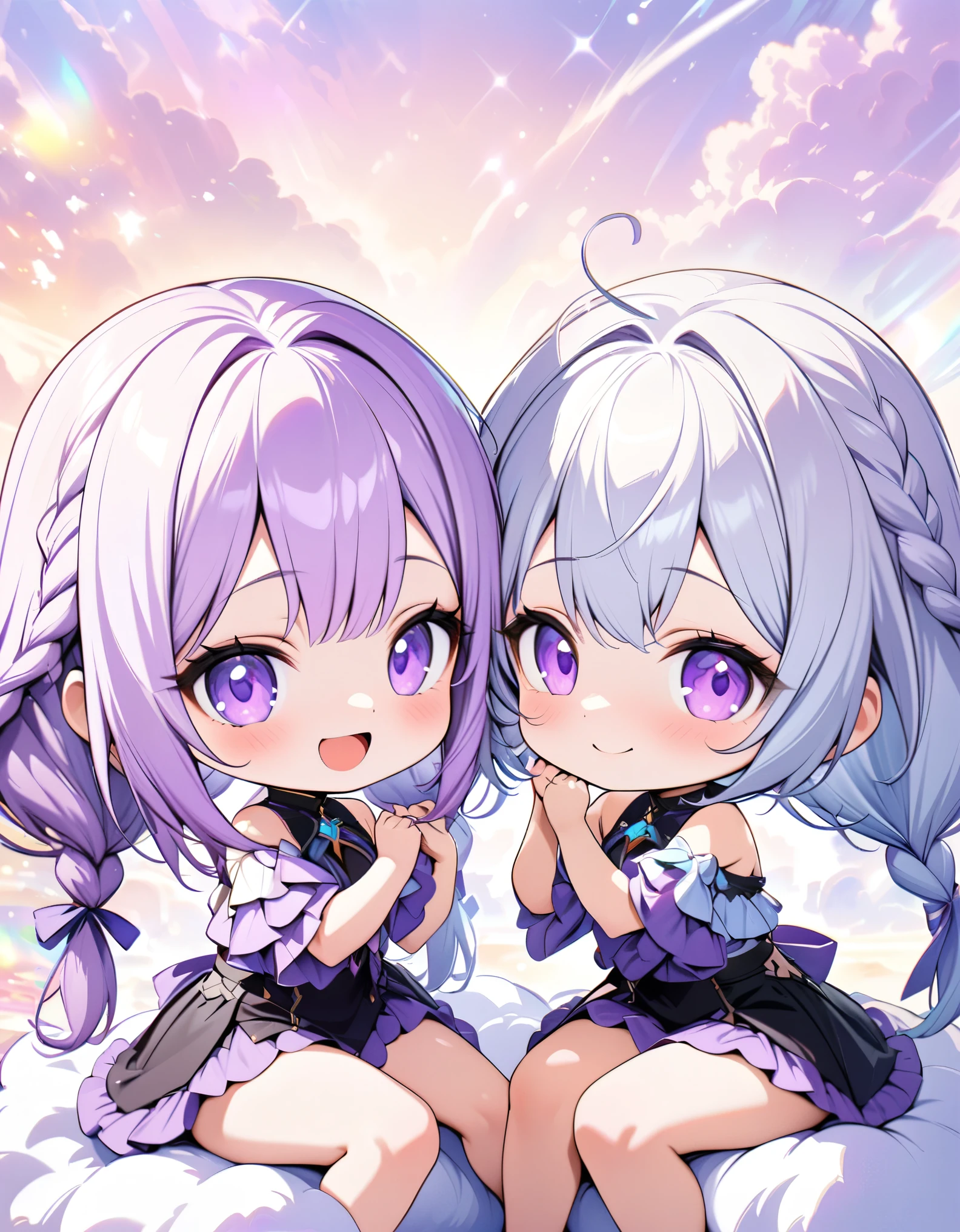 chibi, best quality, super fine, 16k, incredibly absurdres, extremely detailed, delicate and dynamic, two friendly beauties, happy, smiling, shy, purple eyes and braided low twin tails with gradient from white to purple at the ends, cute pose, close contact, sitting on a fluffy cotton candy-like cloud, analyzed iridescent pastel color background, vivid color impact, various image beauty effects, (magnificent view:1.3)