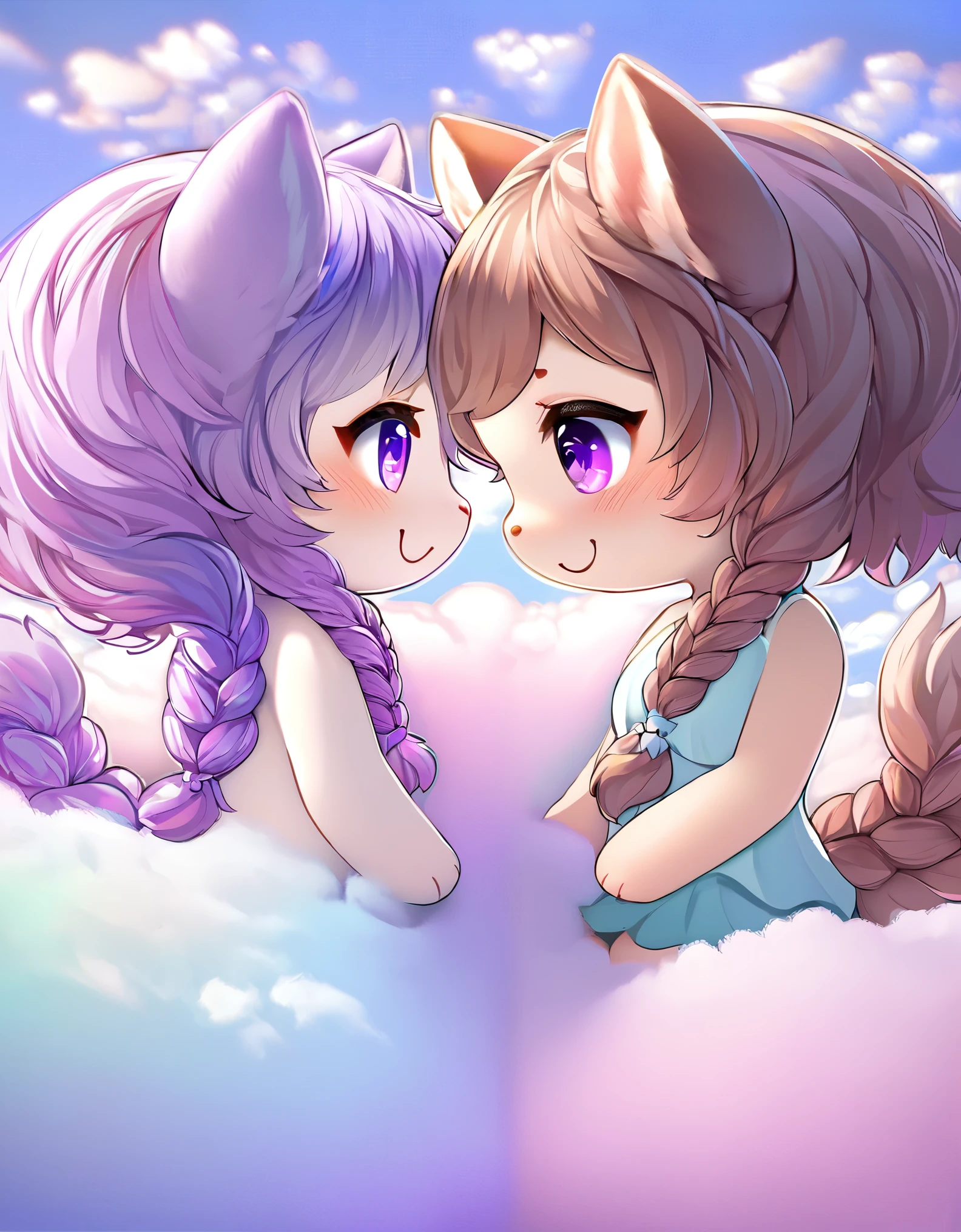 chibi, best quality, super fine, 16k, incredibly absurdres, extremely detailed, delicate and dynamic, two friendly beauties, happy, smiling, shy, purple eyes and braided low twin tails with gradient from white to purple at the ends, cute pose, close contact, sitting on a fluffy cotton candy-like cloud, analyzed iridescent pastel color background, vivid color impact, various image beauty effects, (magnificent view:1.3)