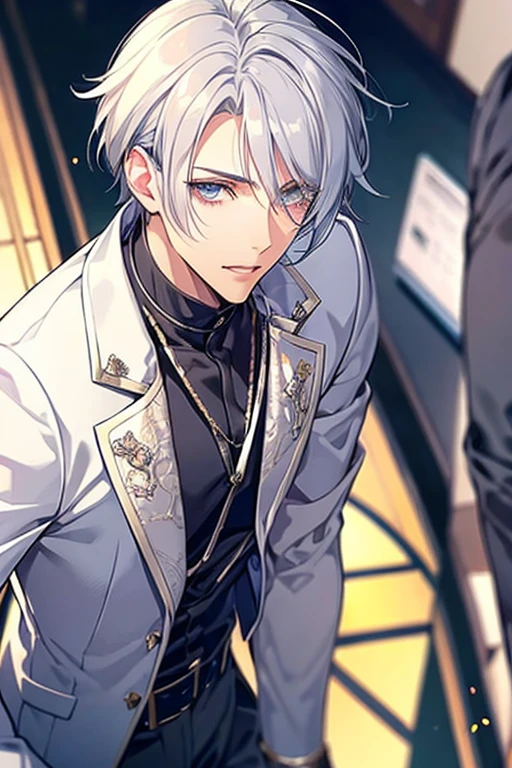 Fantasy Sparkling highest quality masterpiece anime One Boy Gray Hair Gray Eyes Bob Hair Cool clothes fallen Angel