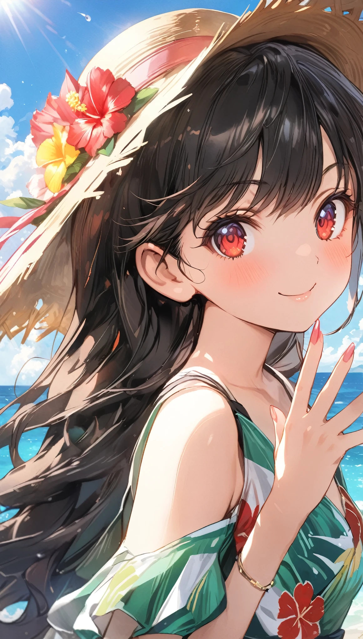 (masterpiece, highest_quality), very be familiar with cg unity 8k wallpaper, wonderful_Are you okay_figure, BREAK 1girl, long black hair wearing a straw hat, small breasts, (glamorous expression), red eyes, anime style 4k, beautiful anime portrait, anime moe art style, anime art wallpaper 4k, High quality anime art style, anime style portrait, be familiar with digital anime art, anime art wallpaper 8k, cute anime girl portrait, Hawaii background, blue sea, palm trees, sunlight, whole body, BREAK depth of field, perfect hands, nice fingers, 5_finger, 4_finger,1_thumb,