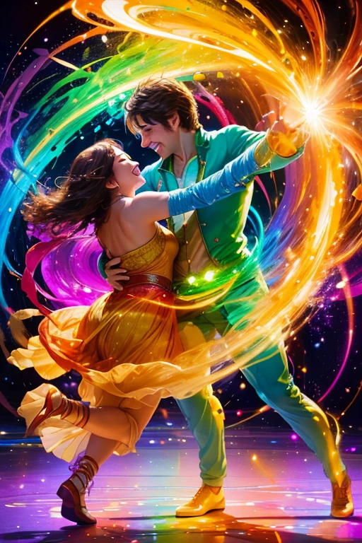 Imagine a radiant canvas bursting with vibrant colors of all hues, capturing a moment of pure joy and playfulness. In the center, man and woman dance gracefully under a cascade of shimmering lights, their laughter echoing through the scene. The brushstrokes are dynamic and full of life, swirling and twirling to create a sense of movement and fluidity. Soft, dreamy lighting bathes the composition, enhancing the warmth and tenderness of the embrace shared between the man and woman. radiates an infectious energy that lifts the spirits and fills the heart with an overwhelming sense of love.