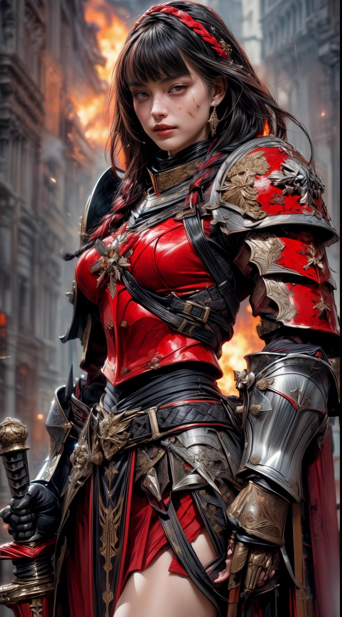 Very beautiful woman、Slender women、(Detailed face)、Realistic Skin、((Knight of Fire)), (((Red Armor:1.25)))、((((Black armor with very fine and intricate decoration))))、((Delicate photo))，(Girl Astepeace RAW Photo Details:1.25), (highest quality:1.6), (超A high resolution:1.5), (Realistic:1.75), 8K resolution, Canon EOS R5, 50mm, Absurd, Ultra-detailed,Cinema Lighting,Battlefields of Medieval Europe、((battle))、RPG World、Final Fantasy、(((Embellished skirt)))、Thigh-high socks、Shin Guards、night、((too long bangs))、((One long thick dark red hair braid))、Get six-pack、Torn Cloak、Beautiful Armor、(((Giant Sword)))、In combat、The wind is blowing、(((Inferno filling the entire area)))、(((Leading a large group of red knights)))、(((Knight Commander)))、Armor with a Phoenix motif、Old scar on right cheek:1.2、((Fire blaze))、(((Intense action scenes)))