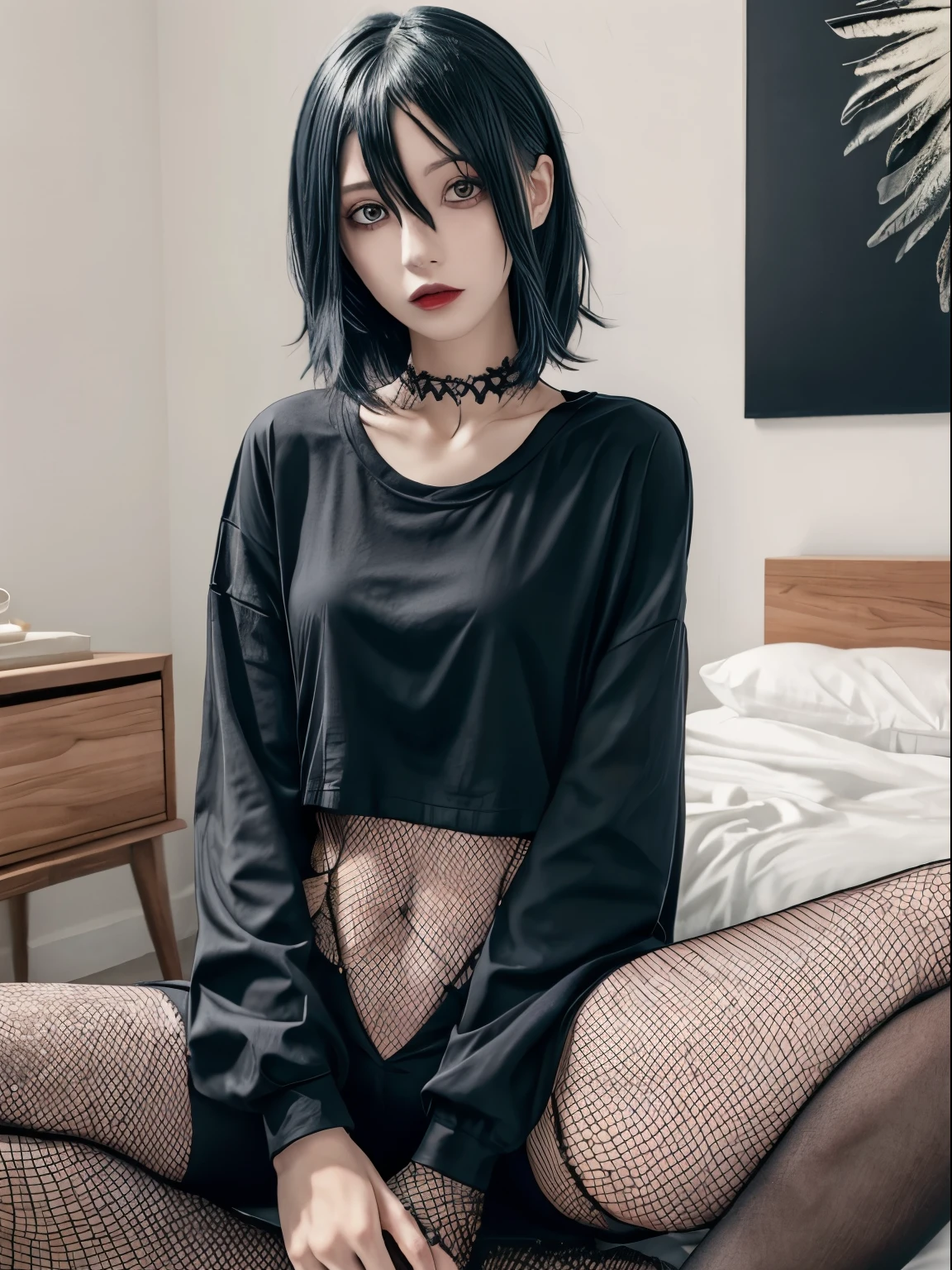 1girl, masterpiece, fishnet pants, goth, skinny, dyed hair, bedhead, black shirt, sitting, spreading legs