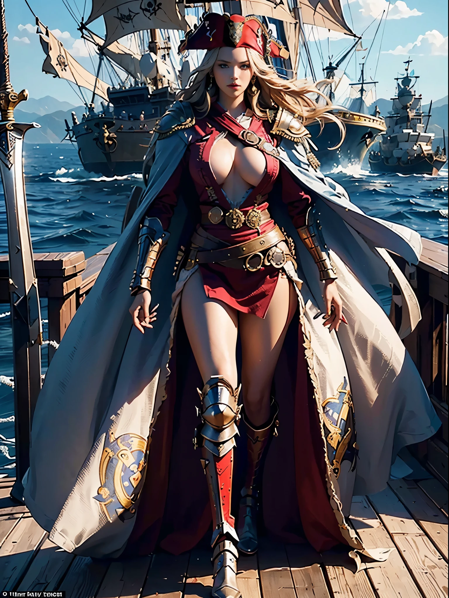 (Gorgeous Woman, Valkyrie, Long blonde hair, braided, blue eyes, detailed facial features, proportional hands, proportional fingers, perfect breast), (leather armor, fur cape), (Viking Longboat in the background),
