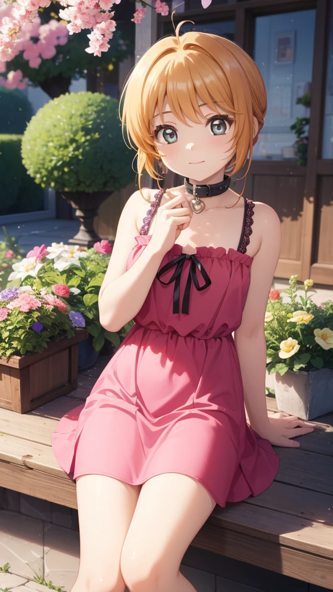obra maestra, mejor calidad, high resolution, 1 chica, cara detallada, Rubor, estilo anime cg, (pechos medianos), (18 year old girl), buena iluminacion, Cuerpo perfecto, Sakura Kinomoto, (mordaza de cinta), (Encuadernado con cinta), (brazos atados), Ojos abiertos, pupilas dilatadas, garden, vestido de novia sin tirantes, collar, joyas,