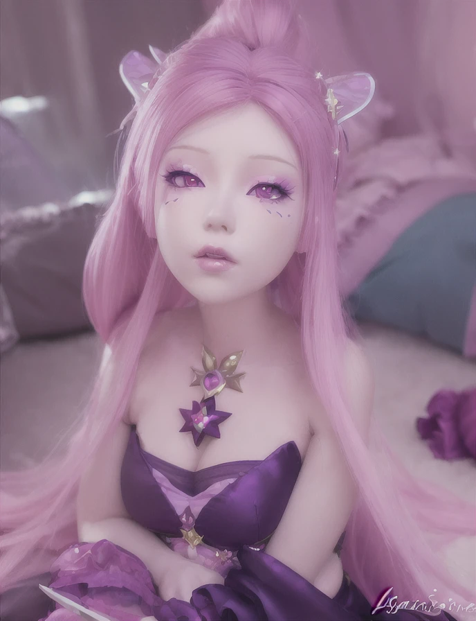 a close up of a doll with pink hair and a purple dress, seraphine ahri kda, star guardian inspired, lux from league of legends, portrait knights of zodiac girl, fantasy art style, league of legends character, from league of legends, extremely detailed artgerm, ! dream artgerm, realistic anime 3 d style, anime styled 3d