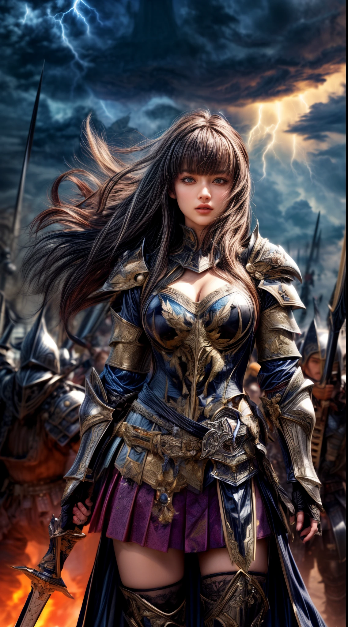 Cowboy Shot、Very beautiful woman、Slender women、(Detailed face)、Realistic Skin、((Demon Knight)), (Black Armor)、((((Black armor with very fine and intricate decoration))))、((Delicate photo)),(Girl Astepeace RAW Photo Details:1.25), (highest quality:1.6), (超A high resolution:1.5), (Realistic:1.75), 8K resolution, Canon EOS R5, 50mm, Absurd, Ultra-detailed,Cinema Lighting,Battlefields of Medieval Europe、((battle))、RPG World、Final Fantasy、(((Embellished skirt)))、Thigh-high socks、Shin Guards、night、((Long hair with bangs,))、Get six-pack、Torn Cloak、Beautiful Armor、(((Giant Sword)))、In combat、The wind is blowing、((Asymmetrical Armor:1.5))、(((thunderstorm)))、((Knight Commander))、(((Leading a large group of black knights)))、Banner、Wolf Pattern:1.5、(((Battle Scene)))、