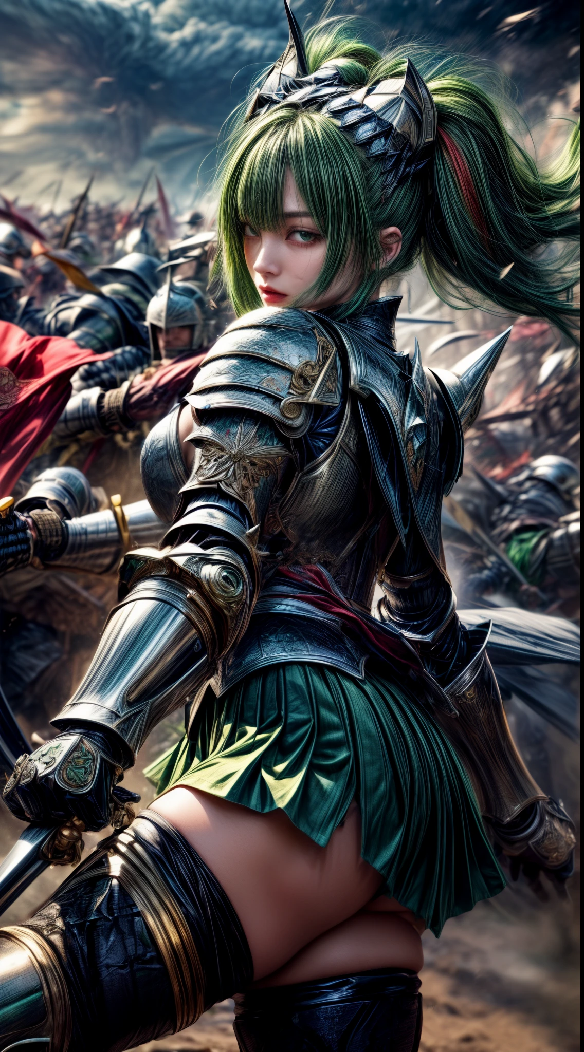 Very cute 、No makeup、Slender、(((low length)))、(Detailed face)、Realistic Skin、((holy knight)), ((Dark Green Armor))、((((Black armor with very fine and intricate decoration:1.1))))、((Delicate photo)),(Girl Astepeace RAW Photo Details:1.25), (highest quality:1.6), (超A high resolution:1.5), (Realistic:1.75), 8K resolution, Canon EOS R5, 50mm, Absurd, Ultra-detailed,Cinema Lighting,((battlefield))、((battle))、(((Decorative green skirt)))、Thigh-high socks、Shin Guards、((Dark green hair))、((Low Twintails))、((Hairstyle with bangulticolored Hair))、Get six-pack、Cape、Beautiful Armor、(((Has a huge weapon)))、(In combat)、The wind is blowing、((Symmetrical Armor))、((((tornado))))、(((Leading a large group of knights:1.2)))、Banner、Lion-themed armor、(((Battle Scene)))