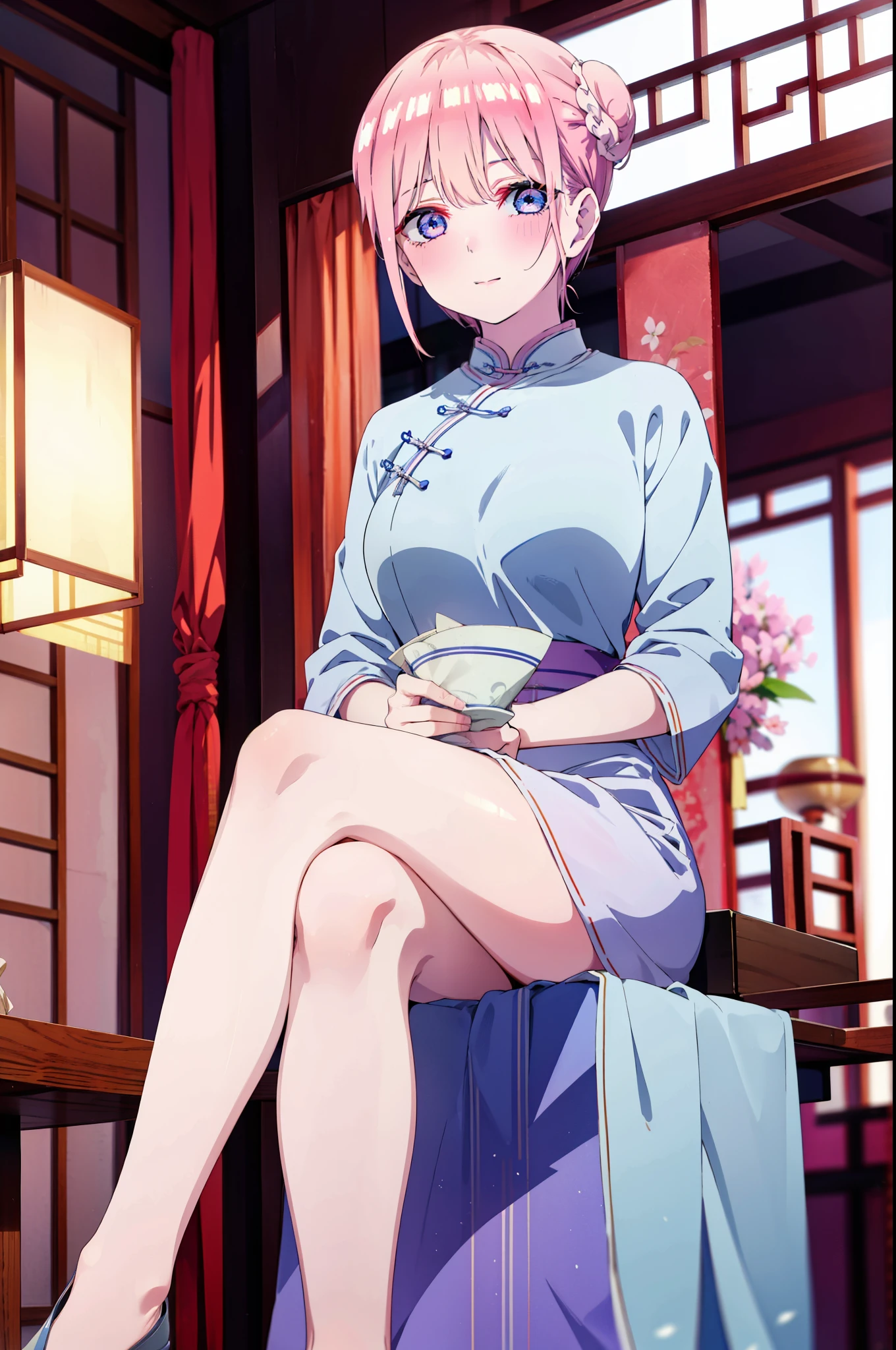 ichikanakano, ichika nakano, short hair, bangs, blue eyes, Hair between the eyes, Pink Hair, One side up, happy smile, smile, Open your mouth,blush,Open your mouth,White Chinese Dress,Hair Bun, double  Hair Bun,Black pantyhose,Stiletto heels,whole bodyがイラストに入るように,Sitting cross-legged on a chair,
break indoors, Chinese Restaurant,                       　  break looking at viewer, whole body,
break (masterpiece:1.2), highest quality, High resolution, unity 8k wallpaper, (shape:0.8), (Beautiful and beautiful eyes:1.6), Highly detailed face, Perfect lighting, Extremely detailed CG, (Perfect hands, Perfect Anatomy),