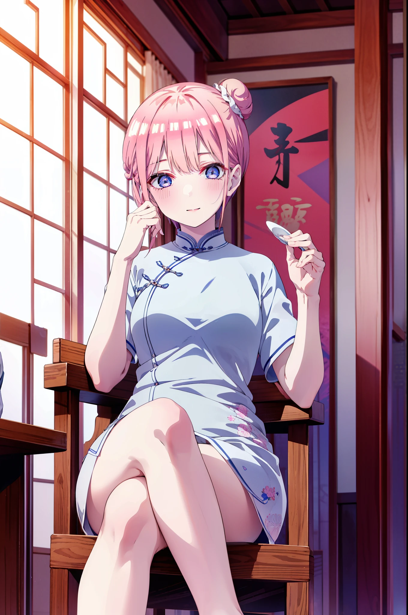 ichikanakano, ichika nakano, short hair, bangs, blue eyes, Hair between the eyes, Pink Hair, One side up, happy smile, smile, Open your mouth,blush,Open your mouth,White Chinese Dress,Hair Bun, double  Hair Bun,Black pantyhose,Stiletto heels,whole bodyがイラストに入るように,Sitting cross-legged on a chair,
break indoors, Chinese Restaurant,                       　  break looking at viewer, whole body,
break (masterpiece:1.2), highest quality, High resolution, unity 8k wallpaper, (shape:0.8), (Beautiful and beautiful eyes:1.6), Highly detailed face, Perfect lighting, Extremely detailed CG, (Perfect hands, Perfect Anatomy),