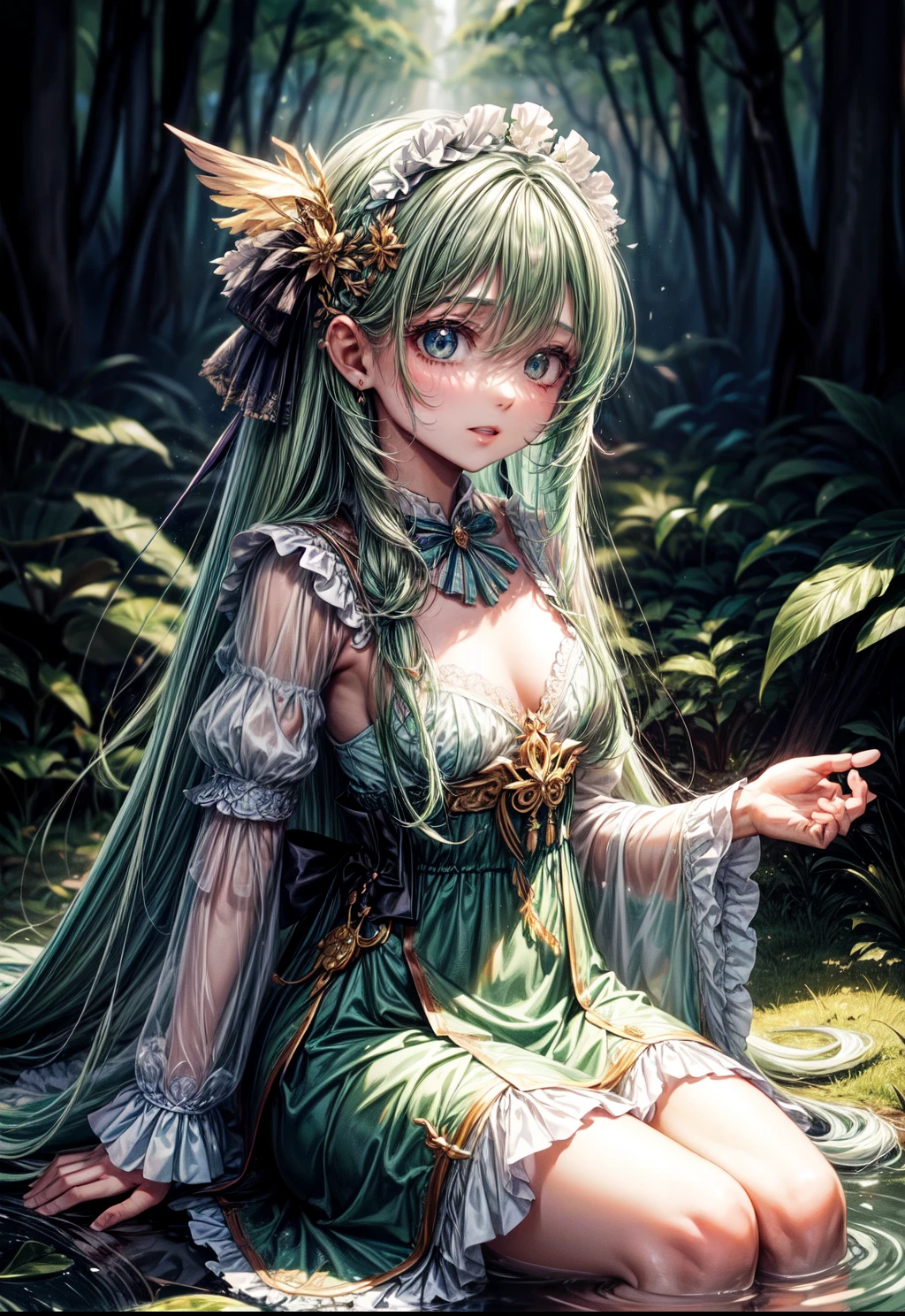 "((inocente)) garota, Hora dourada, prado sonhador, ethereal, caprichoso, flowing dress, luz solar suave, encantador, Asas de borboleta, (nuvens pastel), liquid reflections, garota de cabelo verde, uma garota na floresta, cartaz do filme de fantasia, garota de cabelo verde, garota em uma floresta ao anoitecer, magia por todo o lugar, por do sol, garota de Arcane, garota em um jardim cheio de flores, traces of blue magic, magia verde