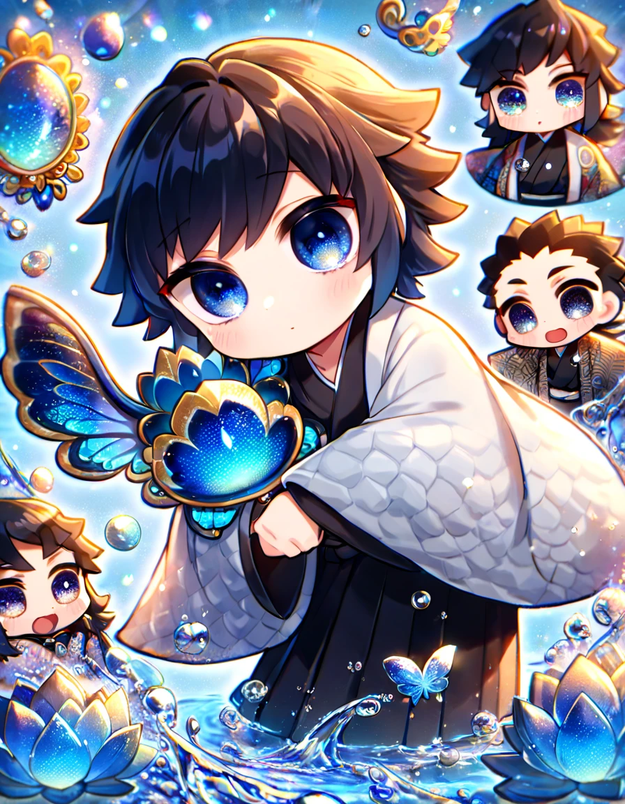 absurdres, highres, ultra detailed, HDR, master piece, best quality, Tomioka Giyu chibi, untamed black hair, expressive blue eyes, kimetsu no yaiba, cute, hugging a blue dragon, white haori, black kimono, patterns, magical, fantasy, blue background, blue lotus, shining, blue petals, blue glittering butterflies, water