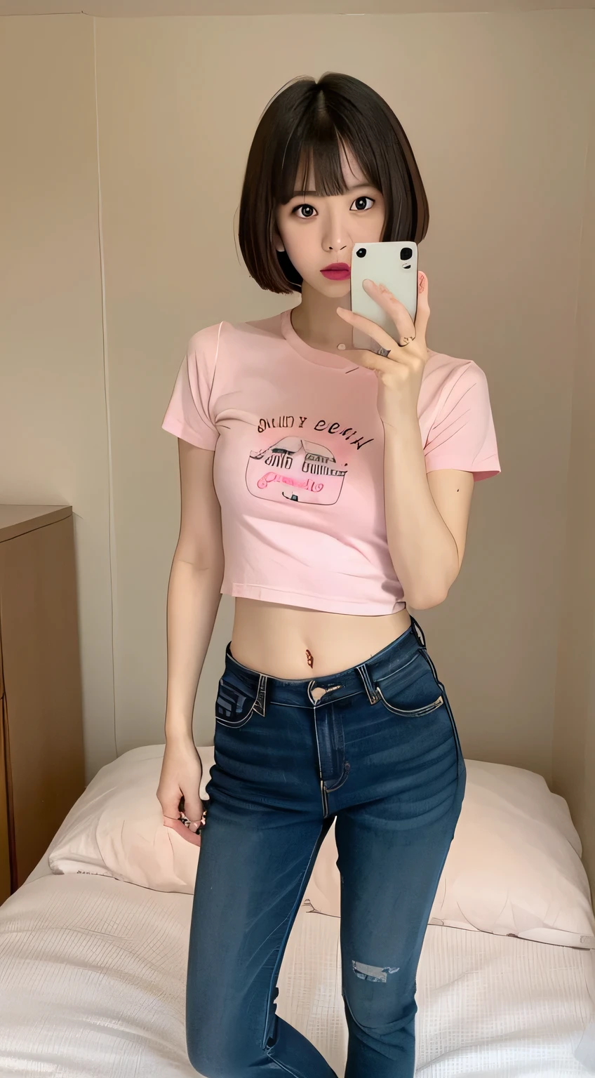 Pink sexy tight shirt、The belly button is visible、I can see your pants、bed、Embarrassed face、Short sleeve、Short hair with bangs