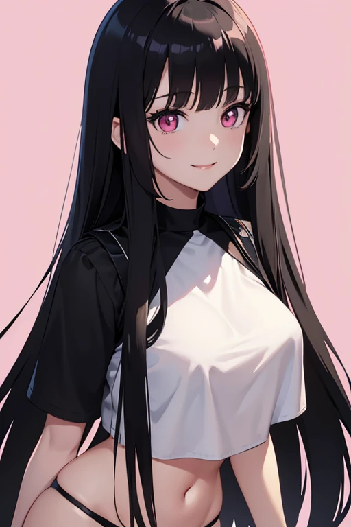 masterpiece, anime, best quality, best artwork, white line art, beautiful woman, long black hair, smile, white croptop, undies, pink eyes, upper body, lights up, fine details, black wallpaper background