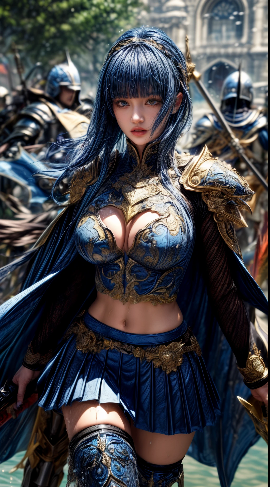 Very beautiful woman、Slender women、(Detailed face)、Realistic Skin、((holy knight)), ((Navy Blue Armor))、((((Black armor with very fine and intricate decoration:1.1))))、((Delicate photo)),(Girl Astepeace RAW Photo Details:1.25), (highest quality:1.6), (超A high resolution:1.5), (Realistic:1.75), 8K resolution, Canon EOS R5, 50mm, Absurd, Ultra-detailed,Cinema Lighting,((battlefield))、((battle))、(((Navy Skirt with Embellishments)))、Thigh-high socks、Shin Guards、((Dark blue hair))、((Bowl cut hairstyle with bangs,))、Get six-pack、Cape、Beautiful Armor、(((Has a huge weapon)))、(In combat)、The wind is blowing、((Symmetrical Armor))、((((Splash))))、(((Leading a large group of blue knights:1.2)))、Banner、Armor with a dragon motif、(((Battle Scene)))