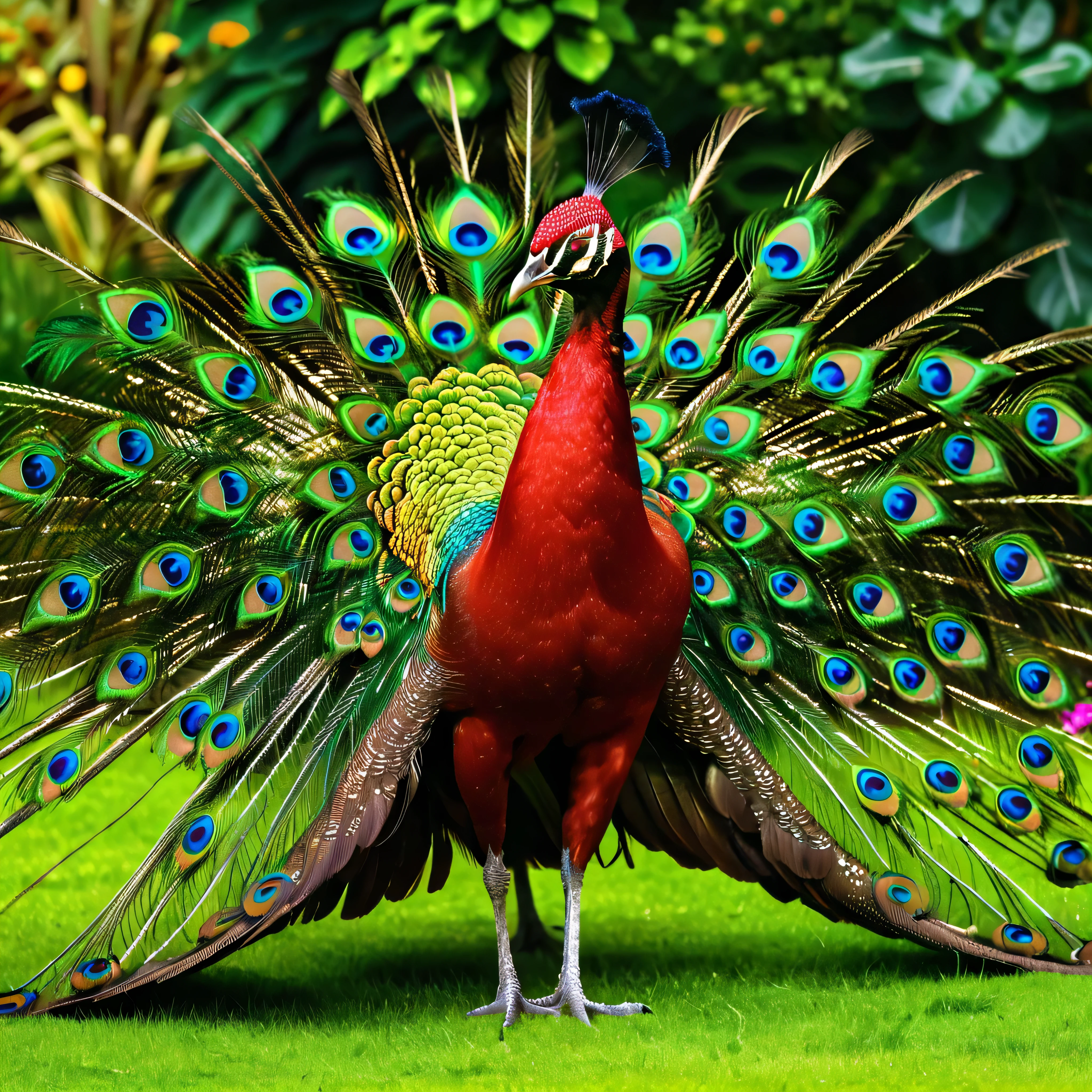 a red peacock with golden feathers walking in a garden, stunning peacock, beautiful bird, magnificent plumage, vibrant colors, intricate feather details, lush garden, green foliage, flowers blooming, natural lighting, photorealistic, highly detailed, 8k, (best quality,4k,8k,highres,masterpiece:1.2),ultra-detailed,(realistic,photorealistic,photo-realistic:1.37)