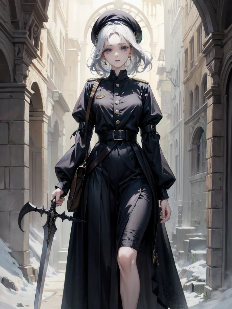 whole body, beret, skirt, uniform, holding a sword, night, ghosts, absurdres, RAW photo, extremely delicate and beautiful, masterpiece, Best Quality, ultra high resolution, 32k, hyperrealistic, ultra-detailed, perfect figure, perfect shape, detailed description, pale skin, 20 years old, detailed beautiful face and eyes, tearful mole, earring, short medium hair, wavy hair, 