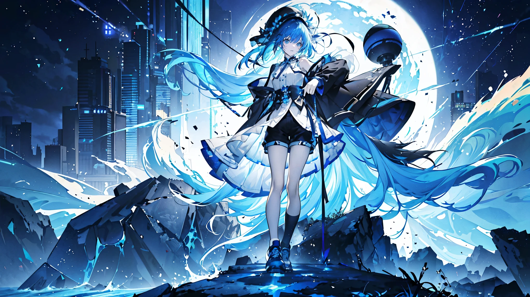 (Super detailed)),((illustration))，((masterpiece)),(((need))),((Beautifully、最高品质 CG Unity 8K 壁纸masterpiece），（（4k，masterpiece，best quality）），((Super detailed)),((illustration))，((masterpiece)),(((need))),((Beautiful and delicate eyes))，A girl with long hair and waist，The hair is dark blue on the outside and sky blue on the inside，Dark blue pupils，flat chest，Wearing a ragged blue-black coat，Blue and white cap，Hands holding spray paint cans，shorts，Trendy，White sneakers，Electronic Wave，Wearing a ring on each hand，Unknown Tech Tower，Sun and Moon Shine Together，individual，Full body close-up view