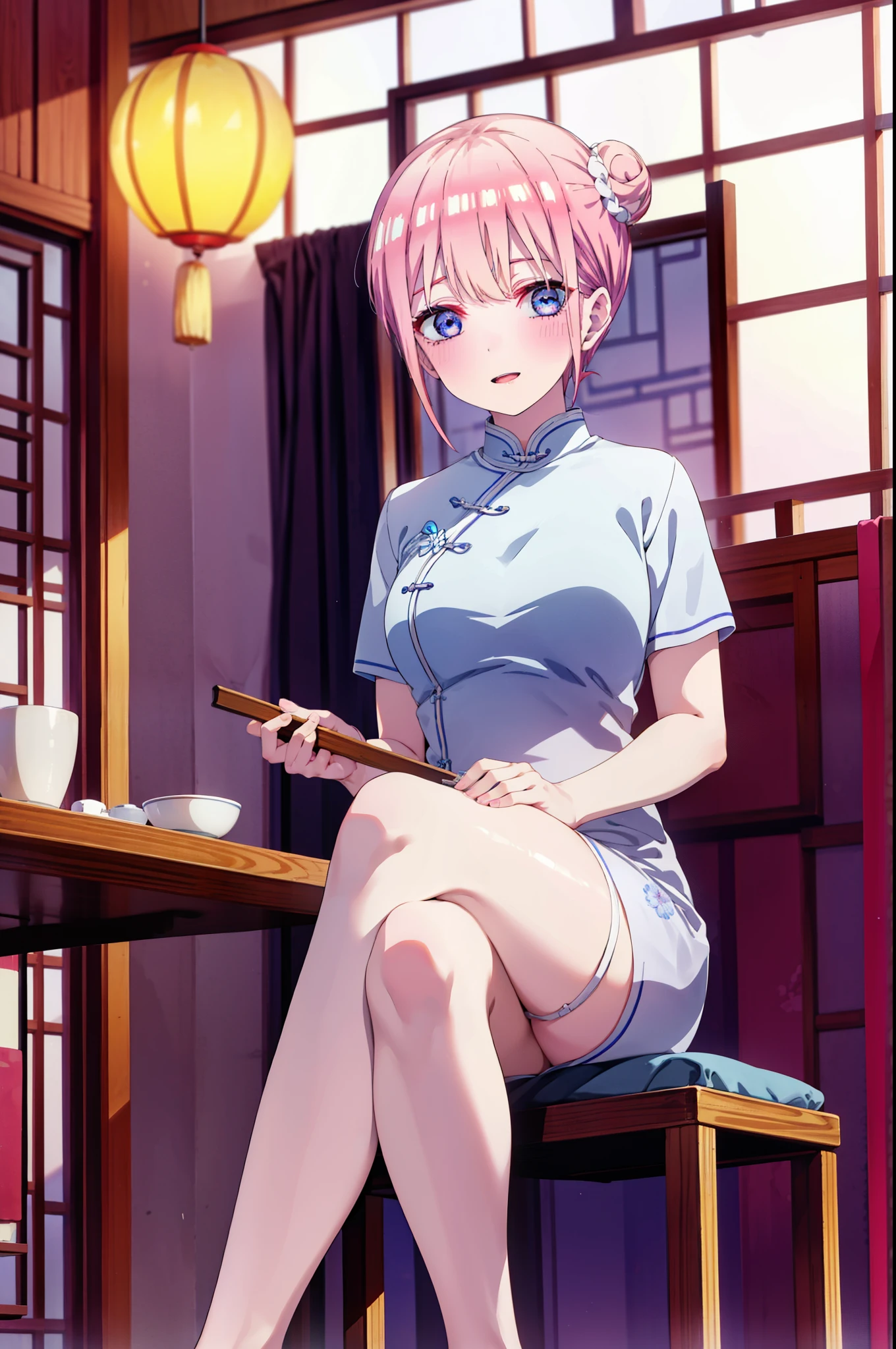 ichikanakano, ichika nakano, short hair, bangs, blue eyes, Hair between the eyes, Pink Hair, One side up, happy smile, smile, Open your mouth,blush,Open your mouth,White Chinese Dress,Hair Bun, double  Hair Bun,Black pantyhose,Stiletto heels,whole bodyがイラストに入るように,Sitting cross-legged on a chair,
break indoors, Chinese Restaurant,                       　  break looking at viewer, whole body,
break (masterpiece:1.2), highest quality, High resolution, unity 8k wallpaper, (shape:0.8), (Beautiful and beautiful eyes:1.6), Highly detailed face, Perfect lighting, Extremely detailed CG, (Perfect hands, Perfect Anatomy),