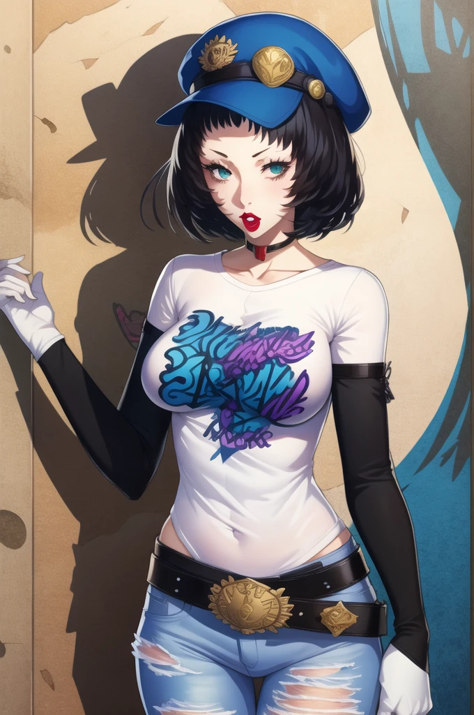 Highly detailed, High Quality, Masterpiece, beautiful, MarieP4, 1girl, solo, standing, black t-shirt, white shirt, blue hat, blue jeans, belt, lipstick, large breasts, layered sleeves