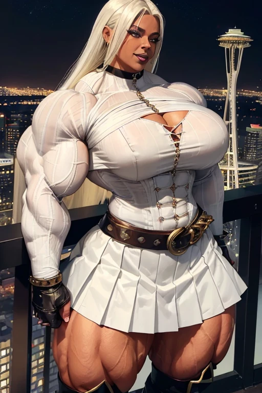 ((((Massive, beautiful, buff, light brown skinned, muscular woman with white hair, black lipstick, ginormous bulky muscles and wearing a beautiful white long sleeved unbuttoned blouse with white long pleated skirt)))), (close view), massive muscles, massive biceps, hyper muscle triceps, (long straight hair), white pleated skirt, (chain belt), blue eyes, (chained gauntlets), high heels boots, (on top of the Seattle space needle), night, smug smile, hyper muscles arms, hyper muscle legs, massive arms.