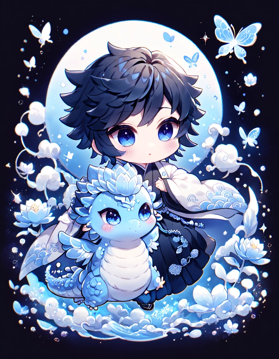 absurdres, highres, ultra detailed, HDR, master piece, best quality, Tomioka Giyu chibi, untamed black hair, expressive blue eyes, kimetsu no yaiba, cute, hugging a blue dragon, white haori, black kimono, patterns, magical, fantasy, blue background, blue lotus, shining, blue petals, blue glittering butterflies, water