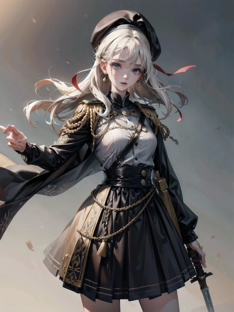whole body, beret, skirt, uniform, holding a sword, absurdres, RAW photo, extremely delicate and beautiful, masterpiece, Best Quality, ultra high resolution, 32k, hyperrealistic, ultra-detailed, perfect figure, detailed description, pale skin, 20 years old, detailed beautiful face and eyes, tearful mole, earring, short medium hair, wavy hair,