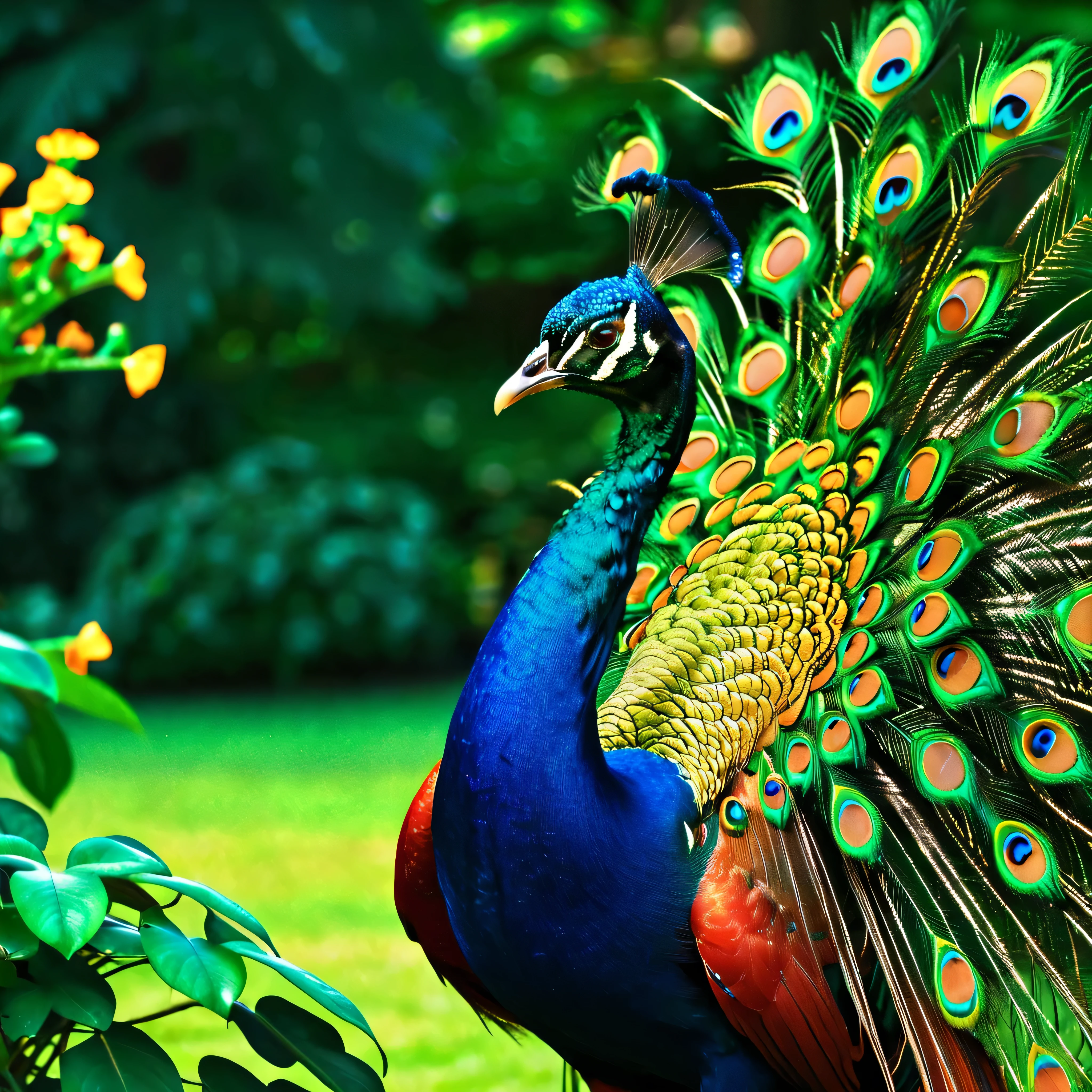 a red peacock with golden feathers walking in a garden, stunning peacock, beautiful bird, magnificent plumage, vibrant colors, intricate feather details, lush garden, green foliage, flowers blooming, natural lighting, photorealistic, highly detailed, 8k, (best quality,4k,8k,highres,masterpiece:1.2),ultra-detailed,(realistic,photorealistic,photo-realistic:1.37)