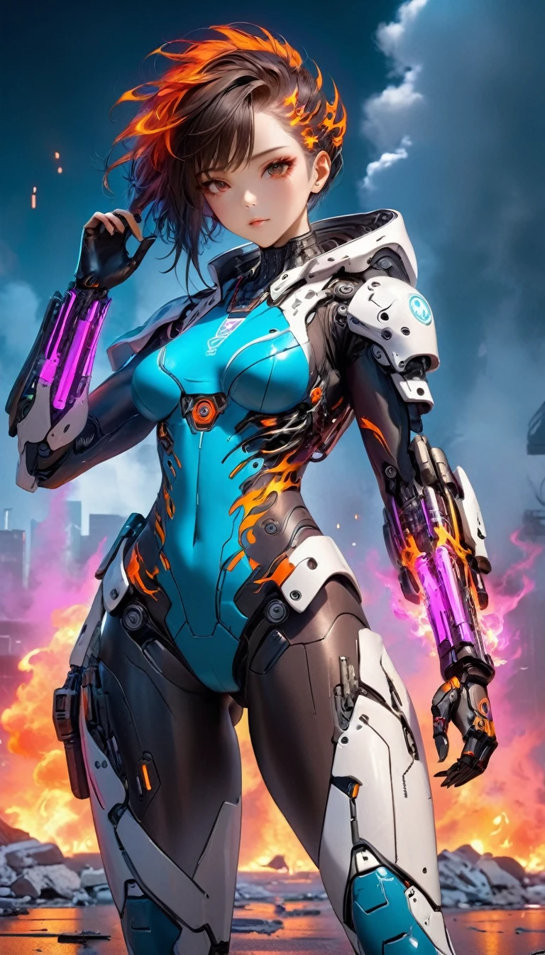 cyberpunk cybernetic revolutionaries, futuristic flame suit, flaming guns on hands, complex intricate robot body, highly detailed, photorealistic, 8k, cinematic lighting, dramatic, neon colors, moody atmosphere, science fiction, concept art style