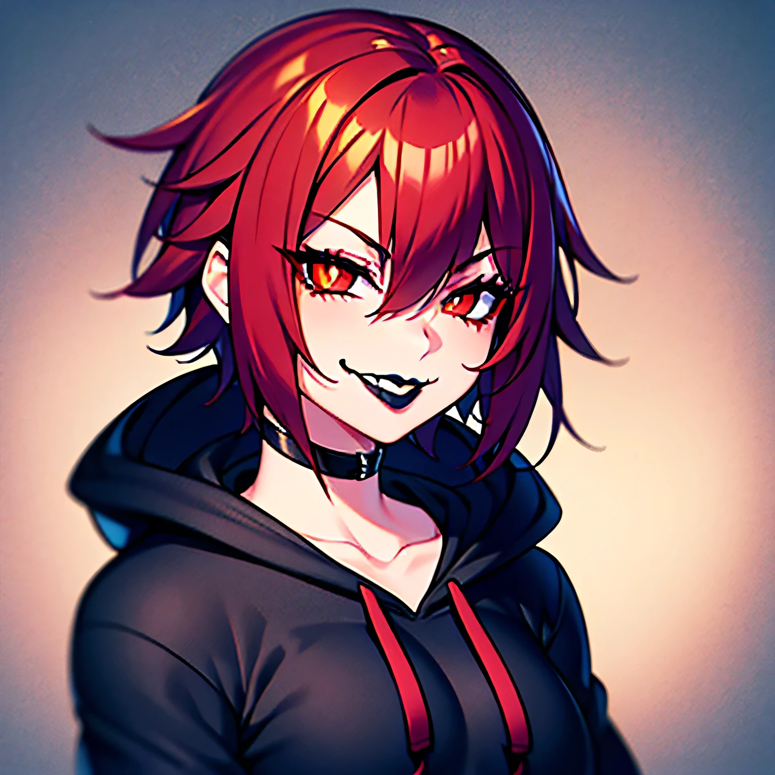 A 25 years old girl with, soft tanned skin, scarlet eyes with red pupils, short and messy red hair, short hair, red hair, scarlet hair, black and loose hoodie, soft but teasing smug smile with black lipstick, detailed lips, smug smile, black lipstick, black hoodie, loose hoodie, black lipstick on detailed lips, lipstick, black mate lipstick