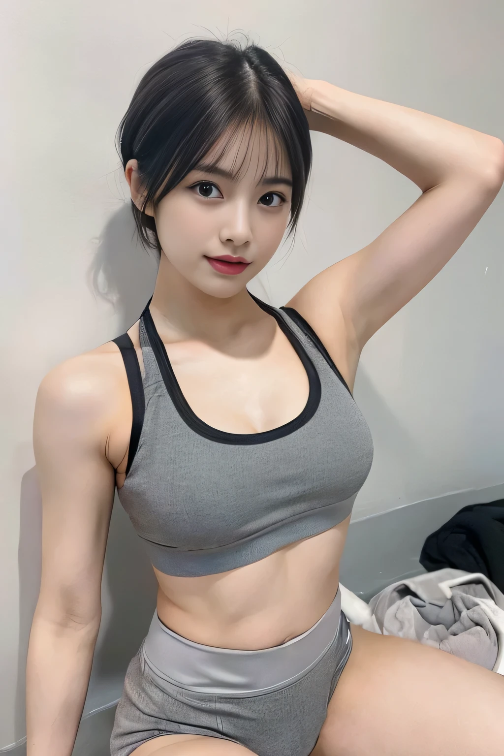 (((Grey sports bra,Small breasts,Spread your legs,Amorous))),((Japanese,woman,cute)),(clean,short hair),(highest quality,masterpiece:1.3,超A high resolution),(Ultra-detailed,Caustics),(Photorealistic:1.4,RAW shooting,)Ultra-Realistic Capture,Very detailed,High resolution 16K resolution