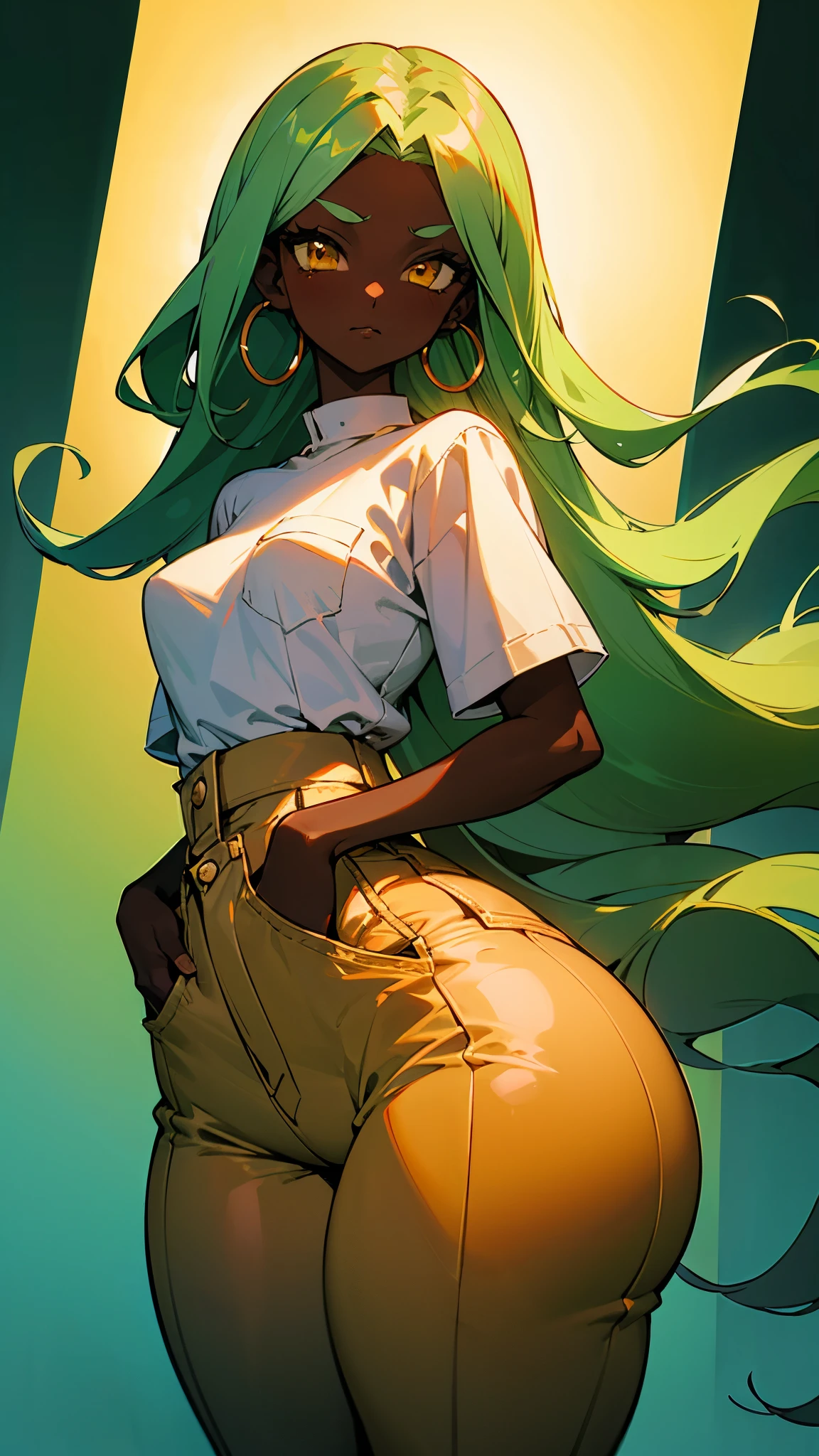 Beautiful anime-style girl, long green hair slightly curly, dark skin, yellow eyes, pants full of pockets, baggy clothes, wide plain white shirt with no print, hoop earrings, eyebrow piercing, small breasts, wide hips, thick thighs, big ass