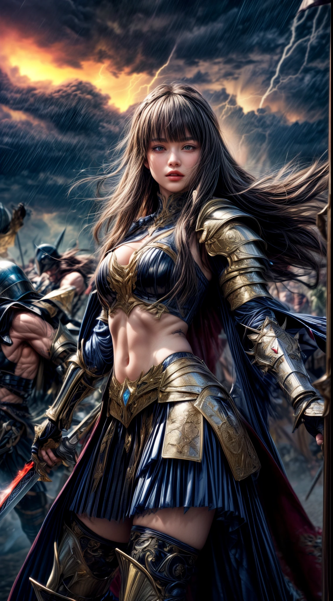 Cowboy Shot、Very beautiful woman、Slender women、(Detailed face)、Realistic Skin、((Demon Knight)), (Black Armor)、((((Black armor with very fine and intricate decoration))))、((Delicate photo)),(Girl Astepeace RAW Photo Details:1.25), (highest quality:1.6), (超A high resolution:1.5), (Realistic:1.75), 8K resolution, Canon EOS R5, 50mm, Absurd, Ultra-detailed,Cinema Lighting,Battlefields of Medieval Europe、((battle))、RPG World、Final Fantasy、(((Embellished skirt)))、Thigh-high socks、Shin Guards、night、((Long hair with bangs,))、Get six-pack、Torn Cloak、Beautiful Armor、(((Giant Sword)))、In combat、The wind is blowing、((Asymmetrical Armor:1.5))、(((thunderstorm)))、((Knight Commander))、(((Leading a large group of black knights)))、Banner、Wolf Pattern:1.5、(((Battle Scene)))、