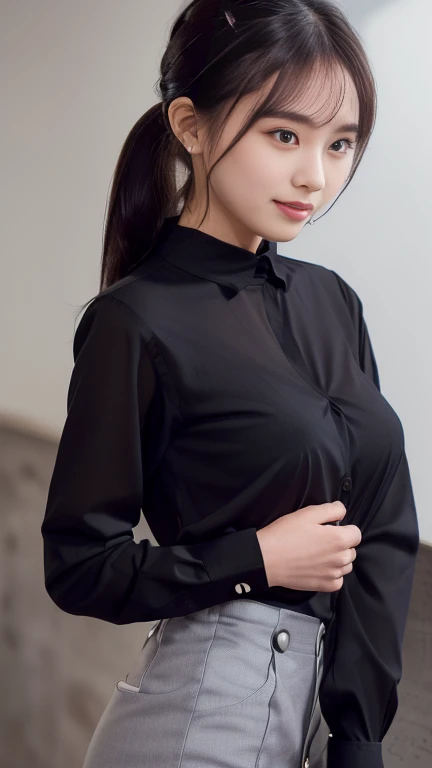 company employee、(Body turned to the side、Shooting from the side、Looking to the side,Shooting from the side:1.6),Not looking here、(General shirt、Wearing a white blouse、Wearing a typical business suit),(The fourth button on her blouse is slightly open.,Only the fourth button is open、White Button、All buttons except the fourth button are closed、A small amount of her chest is visible through the gap between the buttons.、The edge of the bra is visible through the gap between the buttons.:1.4),Mid-chest、slender、ponytail、Black Hair、Beauty、23 years old、cute、smile、(Long shirt:1.8),Tuck the shirt into the skirt