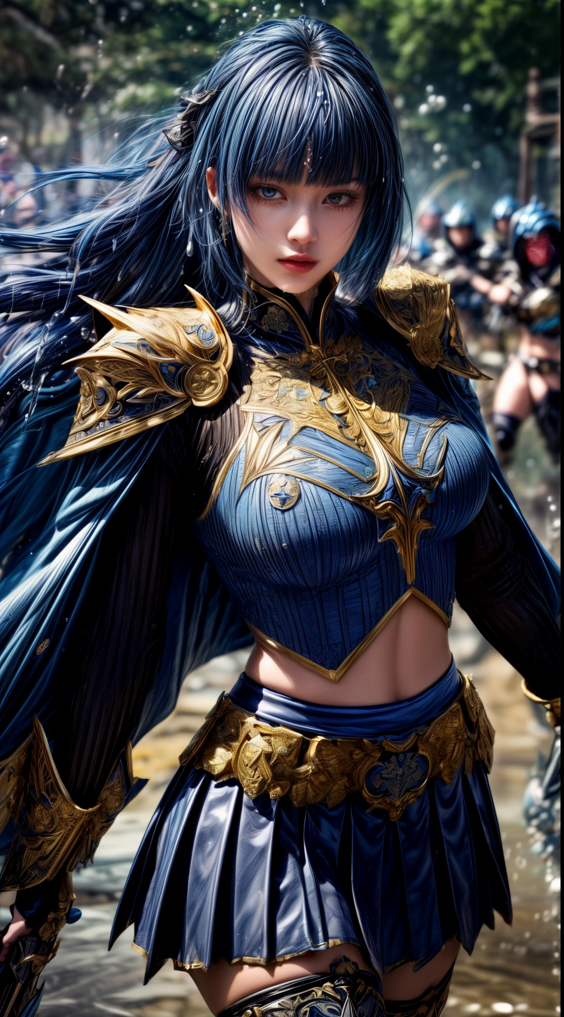 Very beautiful woman、Slender women、(Detailed face)、Realistic Skin、((holy knight)), ((Navy Blue Armor))、((((Black armor with very fine and intricate decoration:1.1))))、((Delicate photo)),(Girl Astepeace RAW Photo Details:1.25), (highest quality:1.6), (超A high resolution:1.5), (Realistic:1.75), 8K resolution, Canon EOS R5, 50mm, Absurd, Ultra-detailed,Cinema Lighting,((battlefield))、((battle))、(((Navy Skirt with Embellishments)))、Thigh-high socks、Shin Guards、((Dark blue hair))、((Bowl cut hairstyle with bangs,))、Get six-pack、Cape、Beautiful Armor、(((Has a huge weapon)))、(In combat)、The wind is blowing、((Symmetrical Armor))、((((Splash))))、(((Leading a large group of blue knights:1.2)))、Banner、Armor with a dragon motif、(((Battle Scene)))