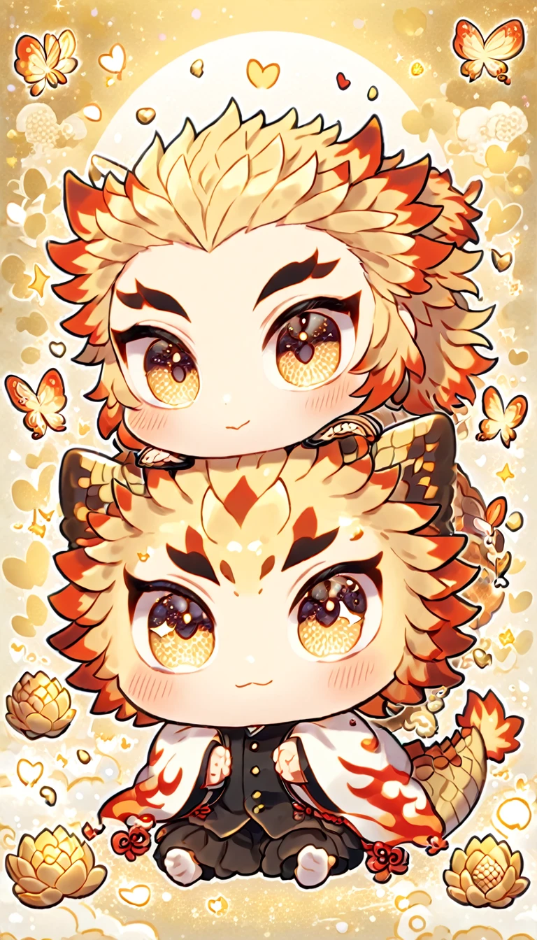 Ultra detailed, Highres, absurdres, HDR, Rengoku Kyojuro chibi, blond hair, expressive golden eyes, white haori with patterns, Kimetsu No Yaiba, fantasy, glittering golden butterflies, petals, handsome, man, very detailed eyes and face, master piece, black uniform, glittering, golden lotus, golden background, hugging a golden dragon, cute, love, magical,