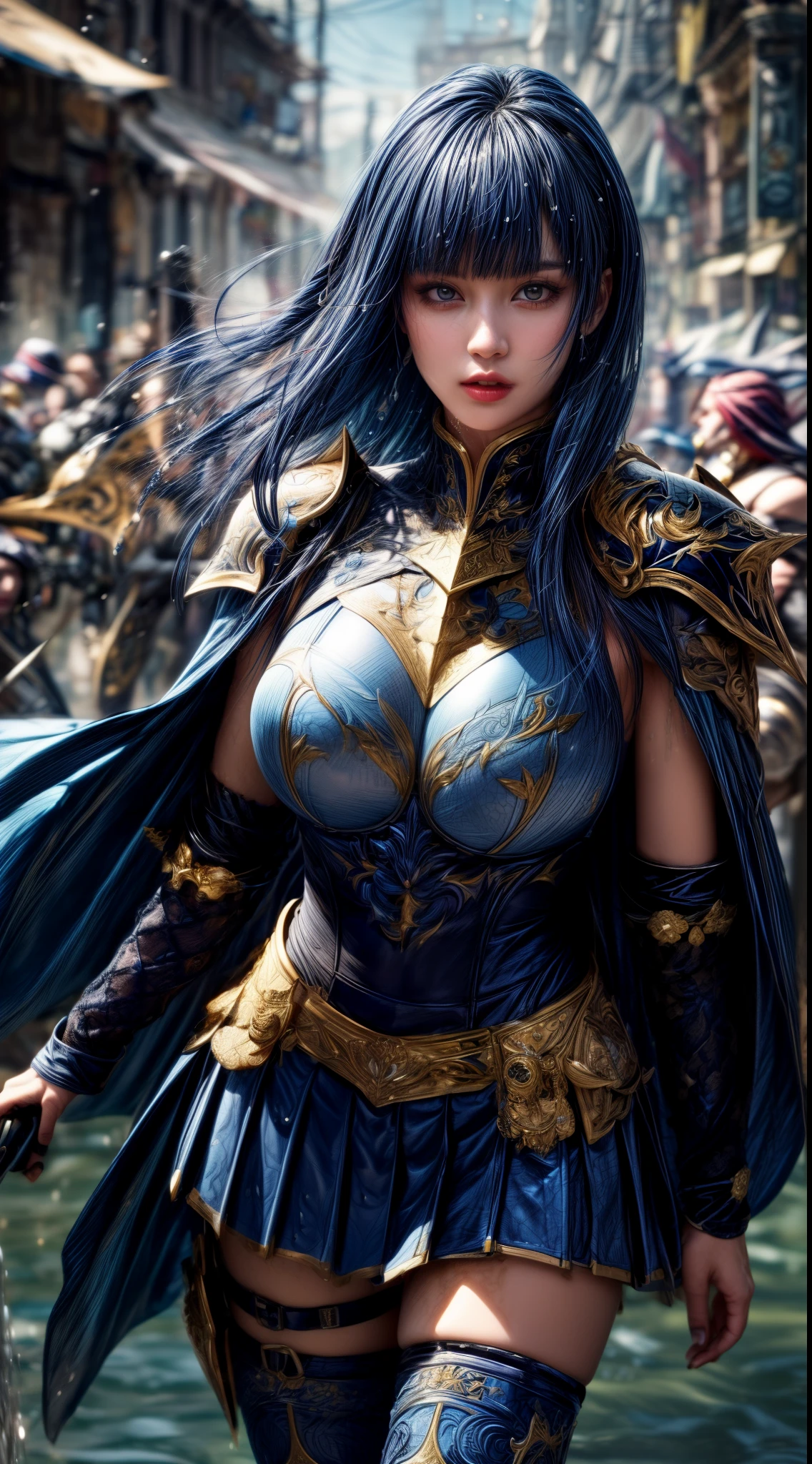 Very beautiful woman、Slender women、(Detailed face)、Realistic Skin、((holy knight)), ((Navy Blue Armor))、((((Black armor with very fine and intricate decoration:1.1))))、((Delicate photo)),(Girl Astepeace RAW Photo Details:1.25), (highest quality:1.6), (超A high resolution:1.5), (Realistic:1.75), 8K resolution, Canon EOS R5, 50mm, Absurd, Ultra-detailed,Cinema Lighting,((battlefield))、((battle))、(((Navy Skirt with Embellishments)))、Thigh-high socks、Shin Guards、((Dark blue hair))、((Bowl cut hairstyle with bangs,))、Get six-pack、Cape、Beautiful Armor、(((Has a huge weapon)))、(In combat)、The wind is blowing、((Symmetrical Armor))、((((Splash))))、(((Leading a large group of blue knights:1.2)))、Banner、Armor with a dragon motif、(((Battle Scene)))