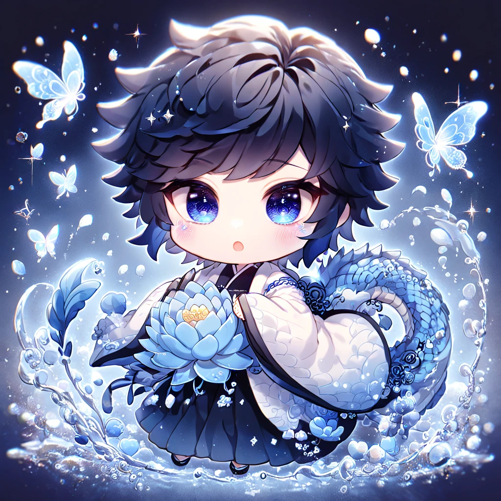 absurdres, highres, ultra detailed, HDR, master piece, best quality, Tomioka Giyu chibi, untamed black hair, expressive blue eyes, kimetsu no yaiba, cute, hugging a blue dragon, white haori, black kimono, patterns, magical, fantasy, blue background, blue lotus, shining, blue petals, blue glittering butterflies, water