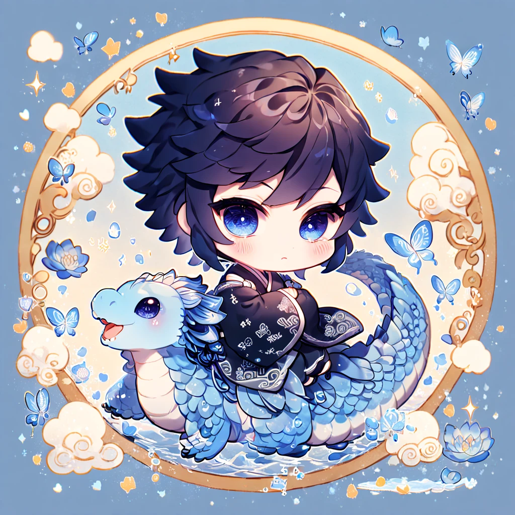 absurdres, highres, ultra detailed, HDR, master piece, best quality, Tomioka Giyu chibi, untamed black hair, expressive blue eyes, kimetsu no yaiba, cute, hugging a blue dragon, white haori, black kimono, patterns, magical, fantasy, blue background, blue lotus, shining, blue petals, blue glittering butterflies, water