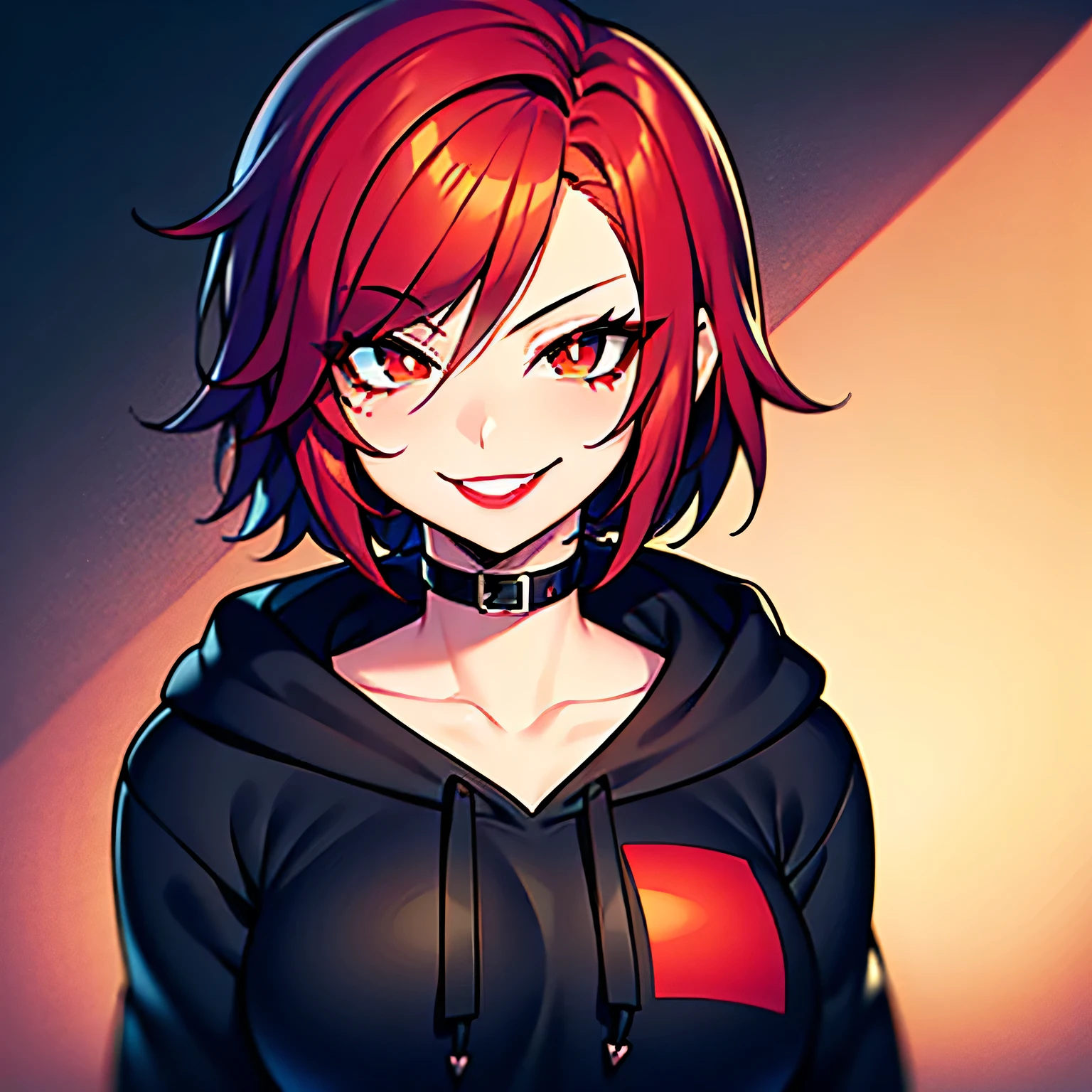 A 25 years old girl with, soft tanned skin, scarlet eyes with red pupils, short and messy red hair, short hair, red hair, scarlet hair, black and loose hoodie, soft but teasing smug smile with black lipstick, detailed lips, smug smile, black lipstick, black hoodie, loose hoodie, black lipstick on detailed lips, lipstick, black mate lipstick